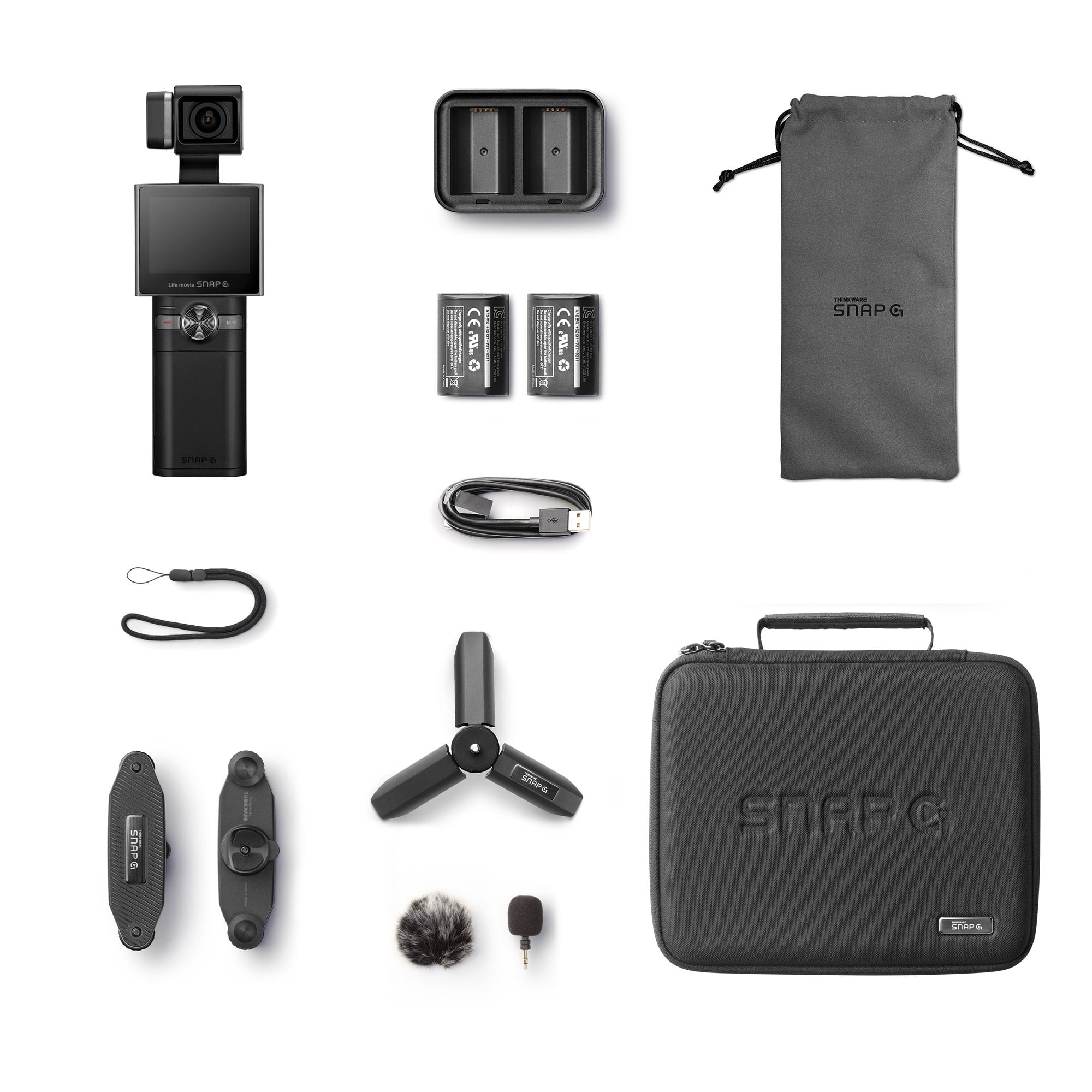 Thinkware SNAP-G Creator Prime Package Handheld 3-Axis Video Gimbal Stabilizer 4K Camera Vlog Influencer 60FPS 133.9° Wide Angle 2" LCD Touchscreen Live Stream Replaceable Battery AI Track Face ID