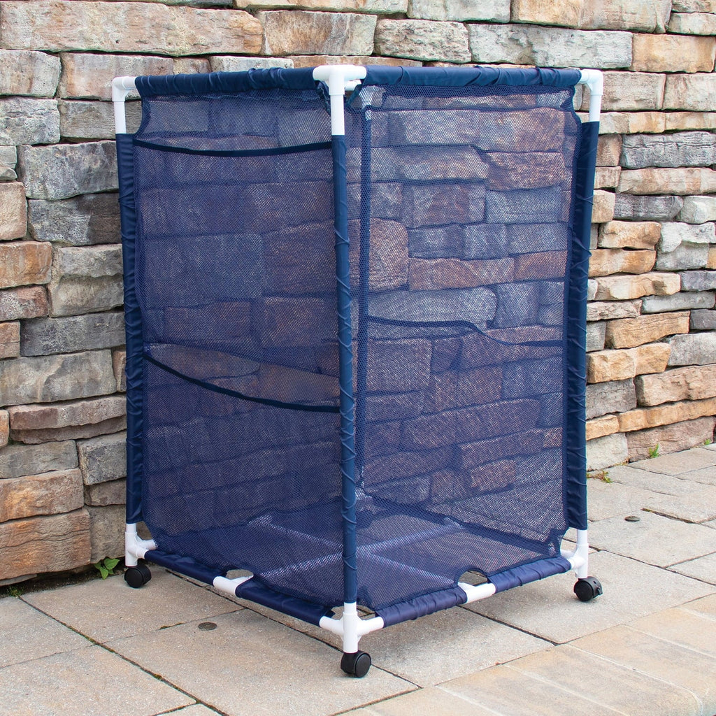 Pool Bins Pool Storage Organizer Mesh Rolling Pool Equipment Bin, Medium, (25.4" W X 25.4" L x 40" H) - Style PB-M200, Blue, PBFT-1513