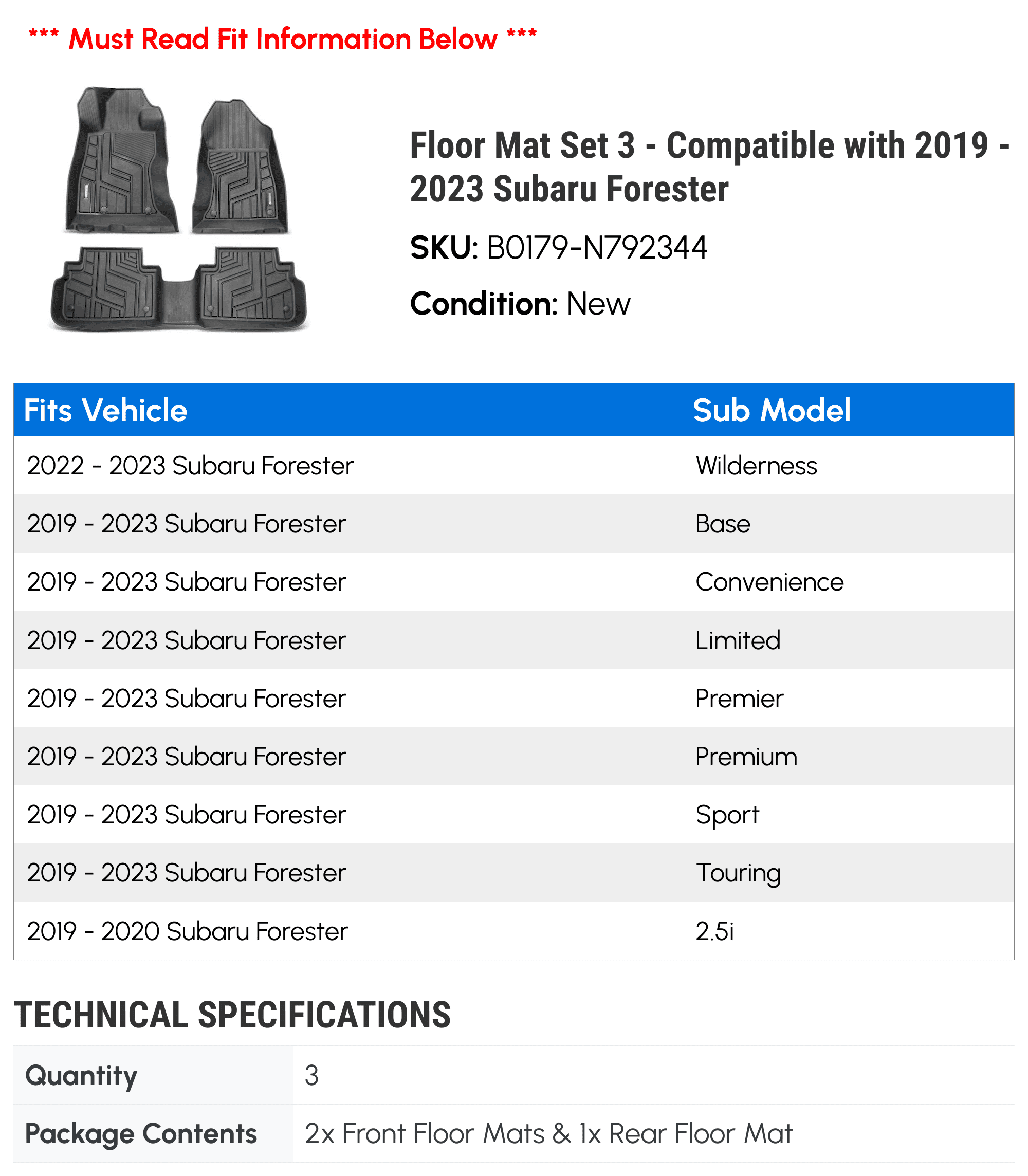 Floor Mat Set 3 - Fitting with 2019 - 2023 Subaru Forester 2020 2021 2022
