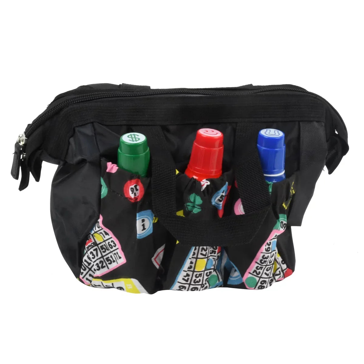 Black 6 Pocket Bingo Tote Bag Dauber Card Holder Zipper Closure Game Night Purse