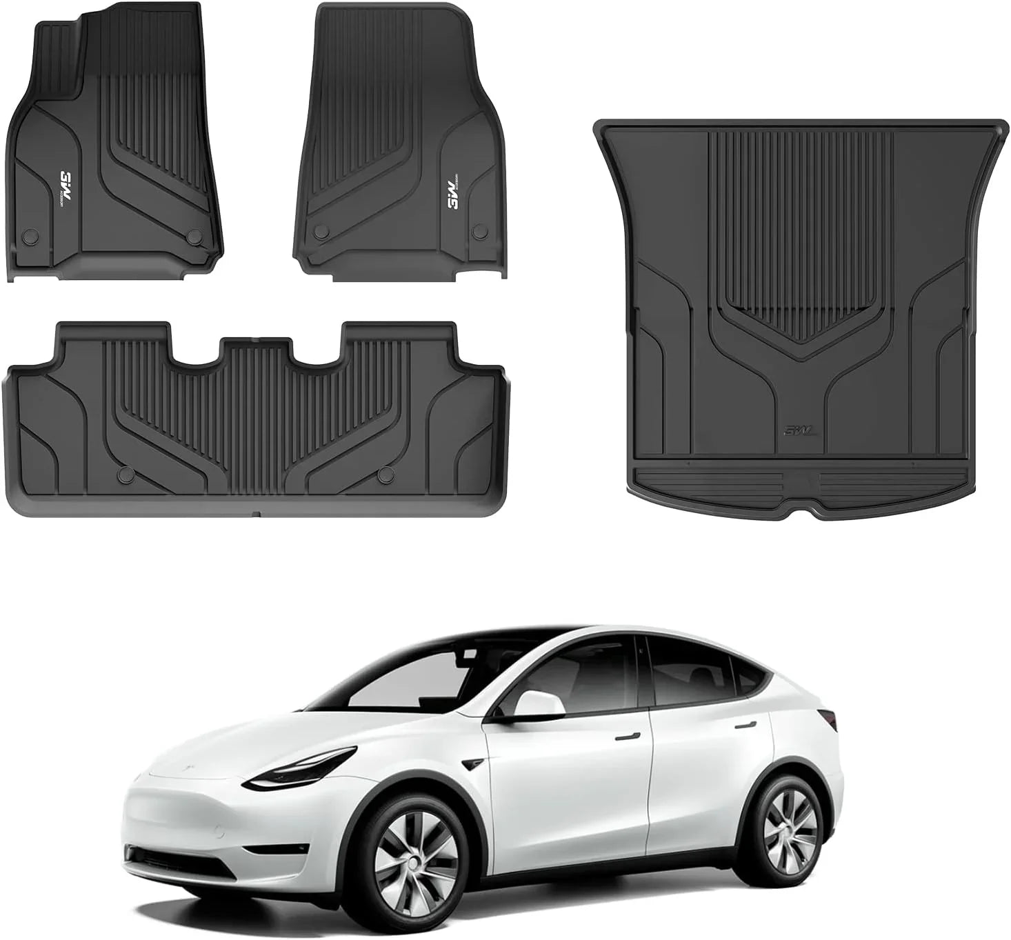 3W Floor Mats & Cargo Liner for Tesla Model Y 2020-2023 TPE All Environment Custom Fit Floor Liner for Tesla Y 1st&2nd Row and Trunk Black Car Mats