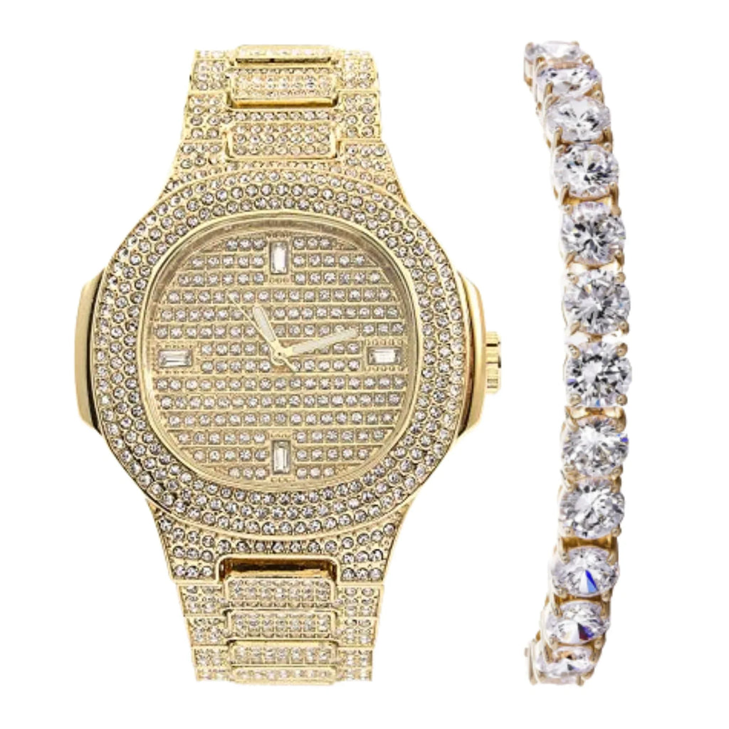 CHARLES RAYMOND Bling Bling Hip Hop Iced Out Watches Nauti Designer Look Full Shiny Diamond Watch Case, Dial and Bracelet ST10266 Mens Gold