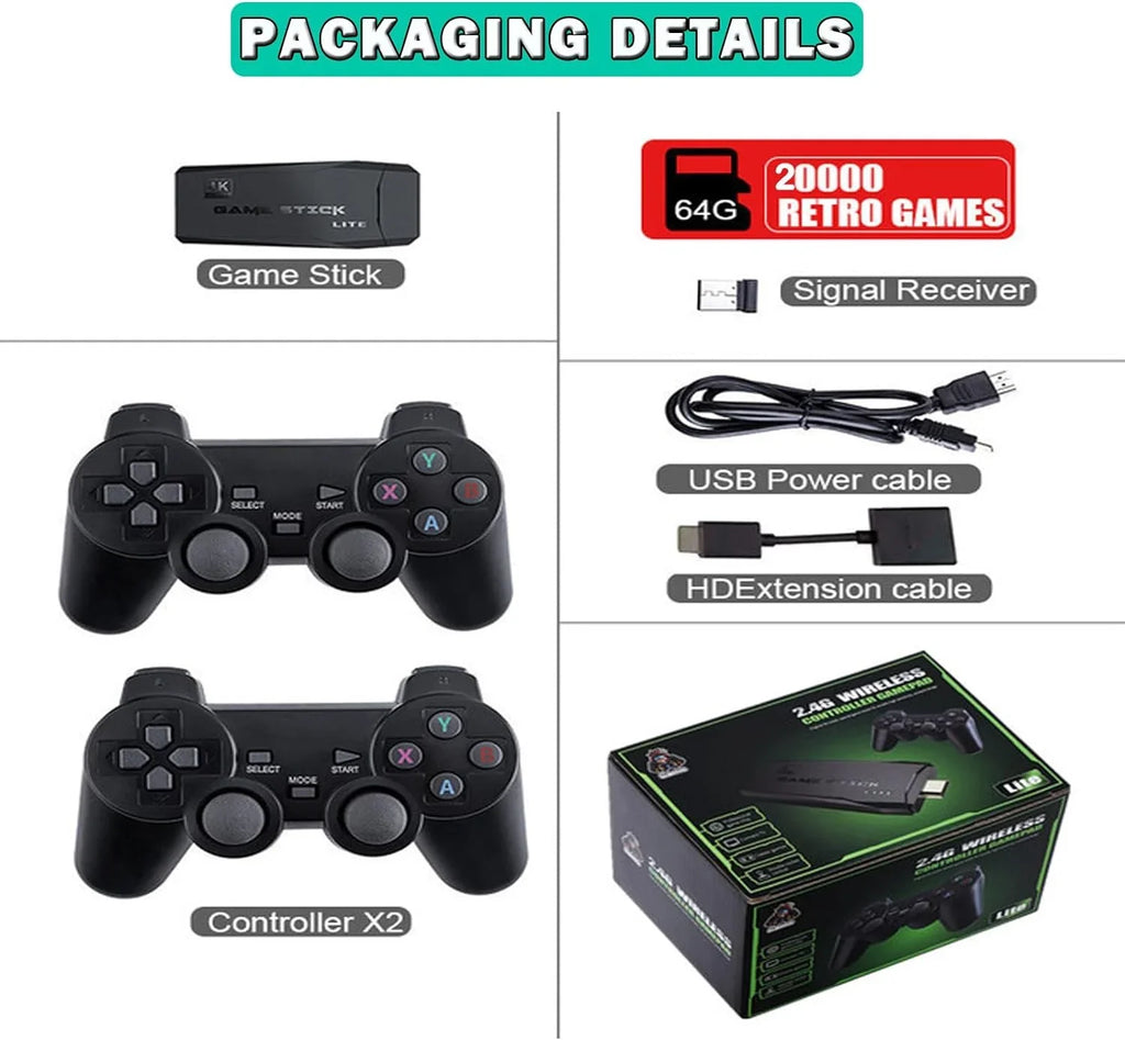 Retro Game Console, Nostalgia Video Game, Retro Game Stick Plug and Play Built-in 20,000+ Games, 4K HD Output, and 2.4GHz Wireless Controller(64G)