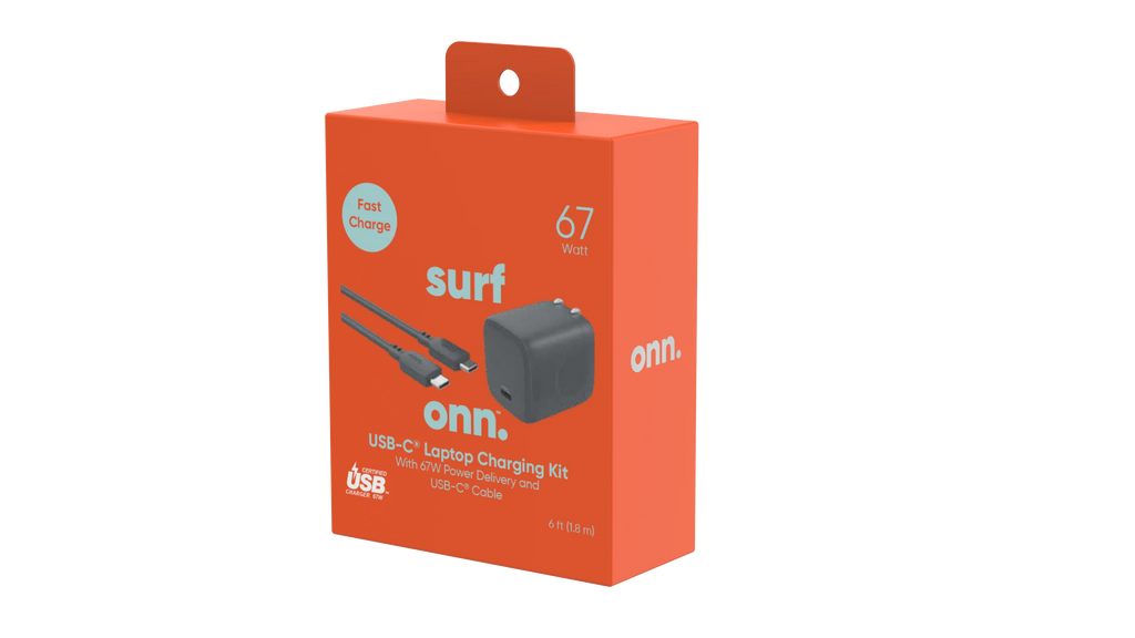 onn. GAN 67W Laptop Charger with 1 USB-C Port, Suitable for Apple,,HP,Asus,Acer,Lenovo,Grey