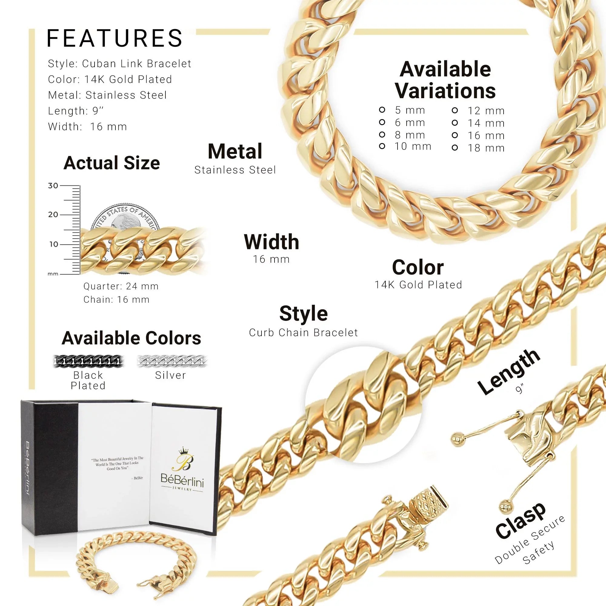 BEBERLINI Cuban Link Bracelet 14K Gold Plated Curb Chain 9" Stainless Steel Fashion Jewelry for Adult Men 16 mm