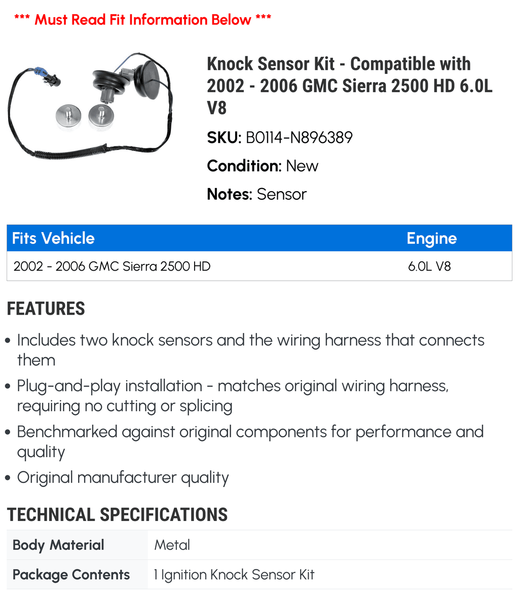 Knock Sensor Kit - Fitting with 2002 - 2006 GMC Sierra 2500 HD 6.0L V8 2003 2004 2005