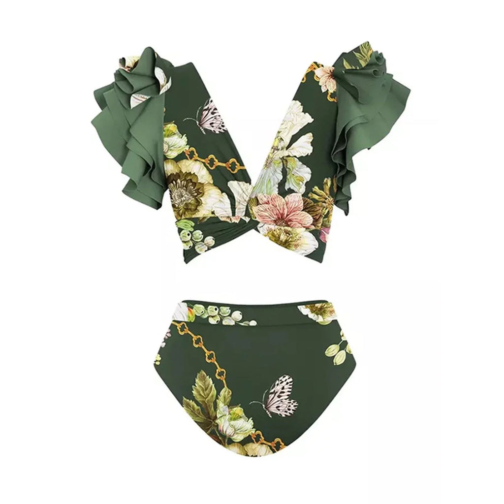 split swimsuit for women and retro printing strapping swimwear beach skirt