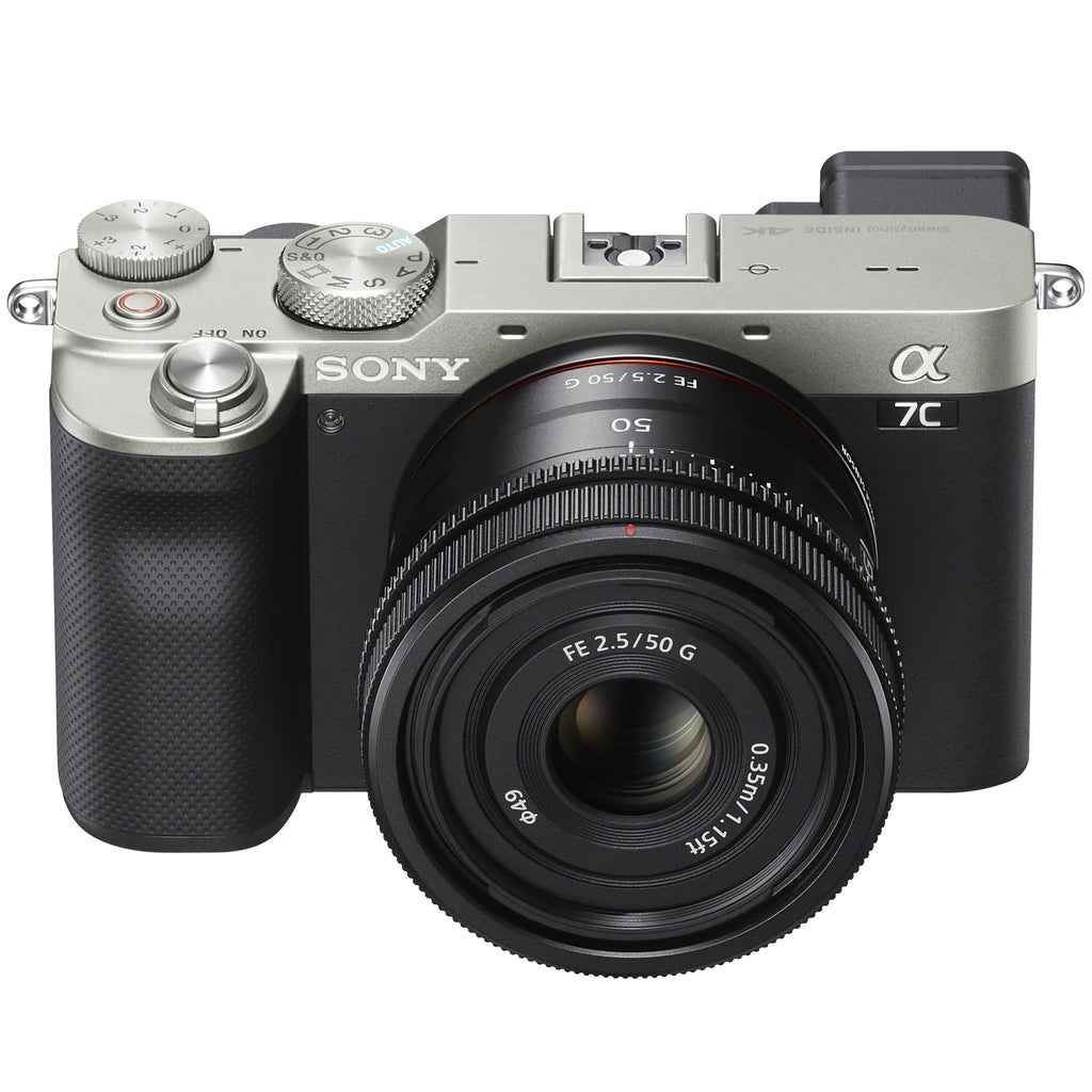 Sony a7C Mirrorless Full Frame Camera Body with Sony FE 50mm F2.5 G Compact Lens SEL50F25G Silver ILCE7C/S Bundle with Deco Gear Photography Backpack Case + Microphone + LED + Monopod and Accessories