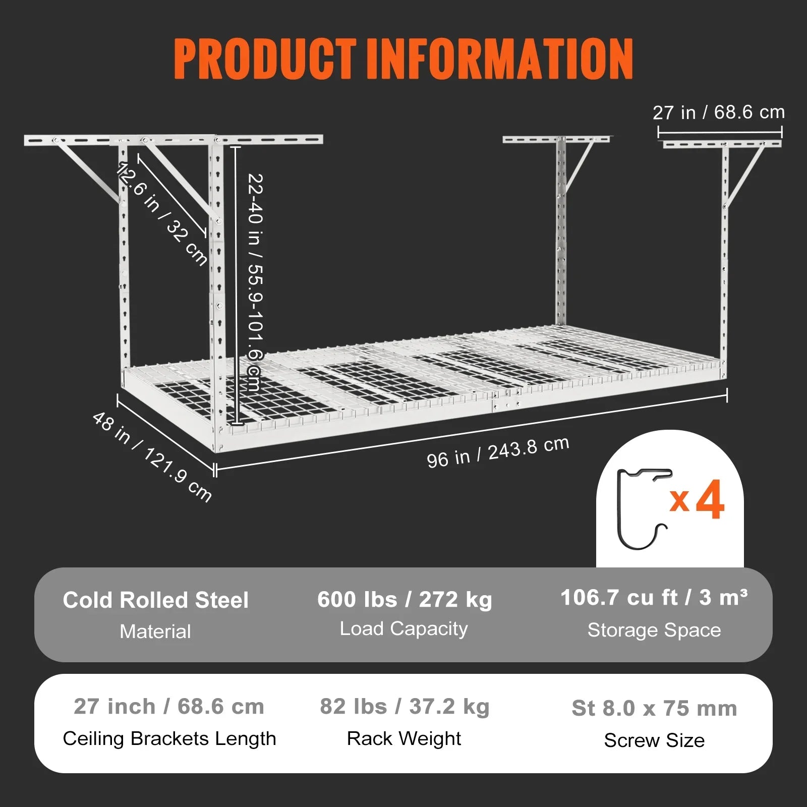 BENTISM Overhead Adjustable Garage Storage Rack 48x96in Ceiling Rack 600lbs White