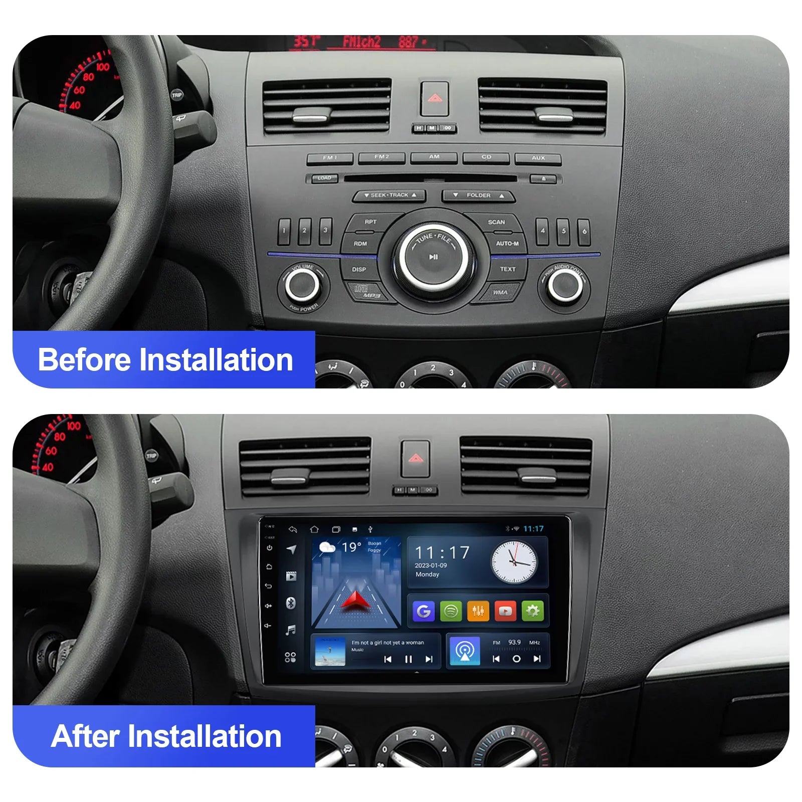 Android 10 Double Din Car stereo for Mazda 3 2010 2011 2012 2013 with 9 Inch TouchScreen Radio Built-in Wireless Carplay/Android Auto/GPS/Bluetooth/FM/AUX-in/Steering Wheel Control Backup Camera 2+32G