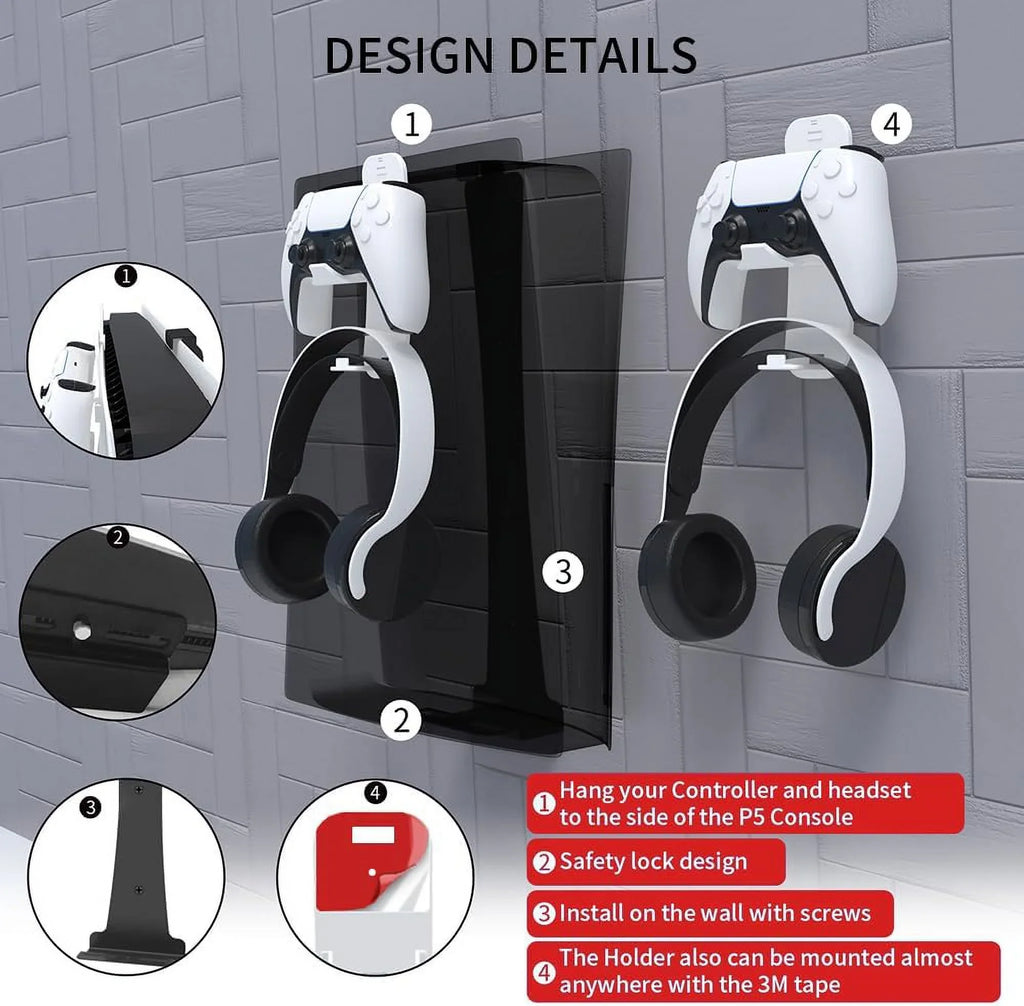 Uberwith Steel Wall Mount Bracket Fitting with PS5 Slim, Stable Metal Wall Hanging Stand for PS5 Slim with Controller Holder & Headphone Hanger,Black