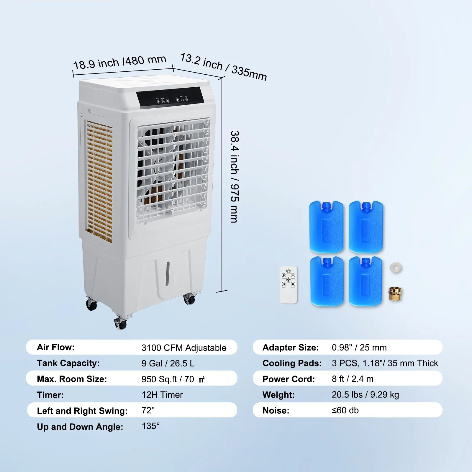 SKYSHALO Evaporative Cooler Swamp Cooler 3-in-1 3100 CFM 9 Gal 12h Timer Humidifier