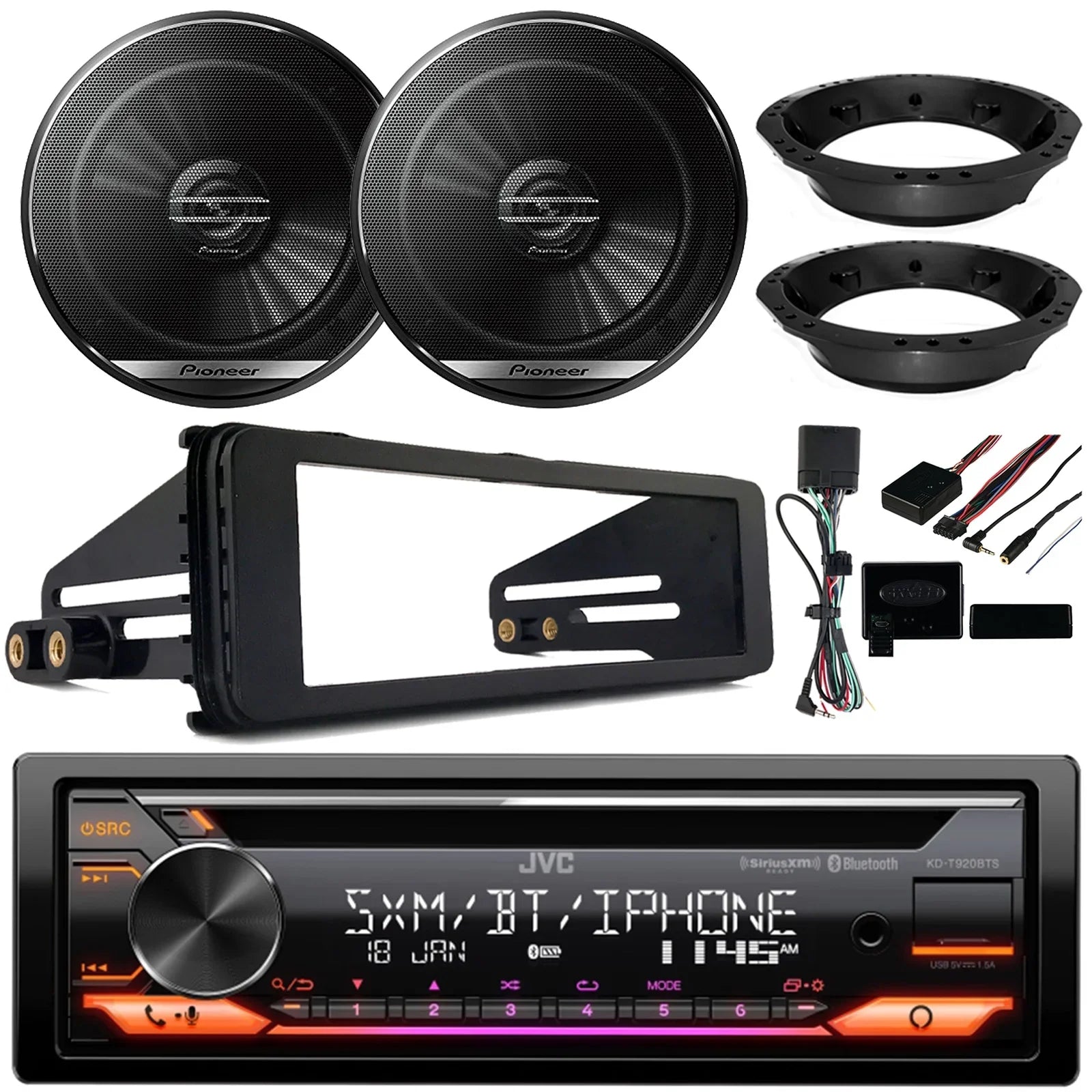 JVC KD-T920BTS Single DIN AM/FM Stereo USB AUX CD Player Bluetooth Multimedia Car Audio Receiver with Amazon Alexa Built-In, 2x 6.5" 2-Way Coaxial Car Speakers, Harley 98-2013 Install Adapter Kit