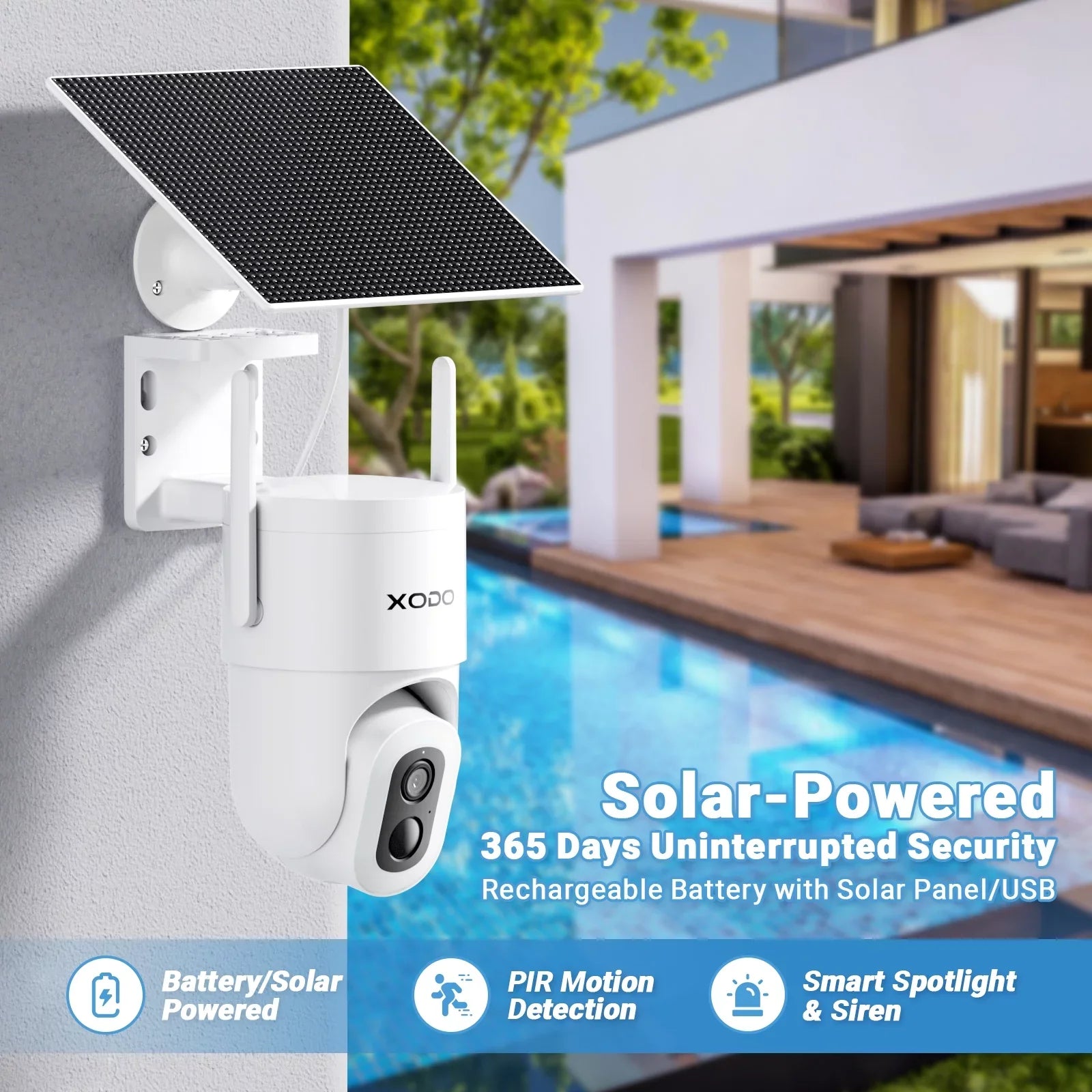 XODO E15 Solar Outdoor Wireless Camera for Home Security System, 2K 3MP Floodlight Pan-Tilt 360° View Cam with Color Night Vision, 2-Way Audio, Motion Detection, Siren, App Remote – Cloud/SD