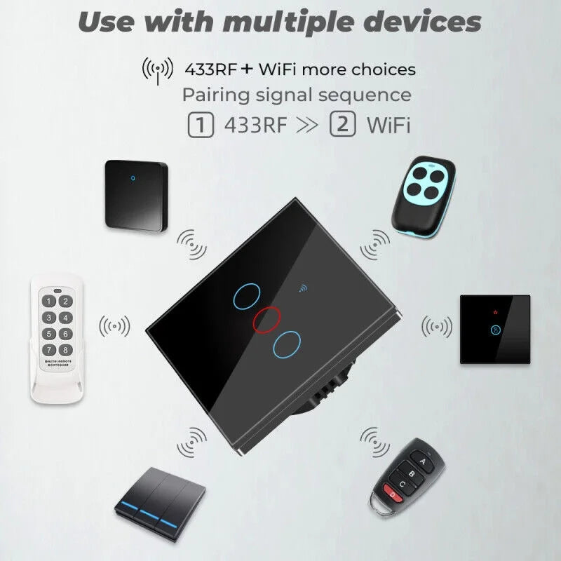 TUYA WiFi+433MHZ Smart Touch Switch Home Light Wall Glass Panel Button 3/4Gang