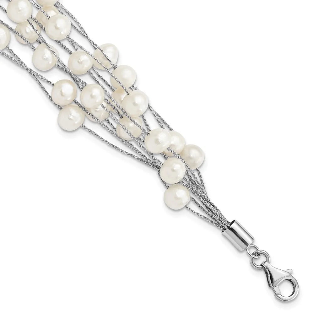 Auriga 925 Sterling Silver Rhod-plat 7-8mm White FWC Pearl 10-rows Bracelet 7.25inch for Women
