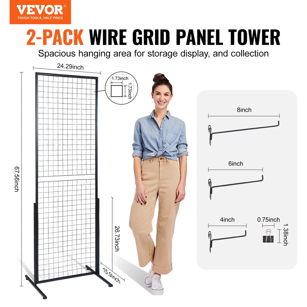 BENTISM 2' x 5.6' Grid Wall Panels Tower, 2 Packs Wire Gridwall Display Racks with T-Base Floorstanding, Double Side Gridwall Panels for Art Craft Shows, Retail Display with Extra Clips and Hooks