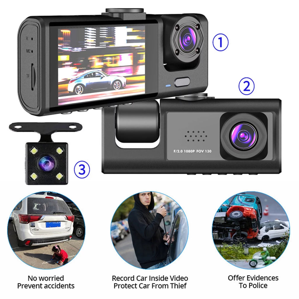 Nebublu Dash Camera with 3 Cameras, Car Video Recording Camcorder, Auto Safety Driving Recorder