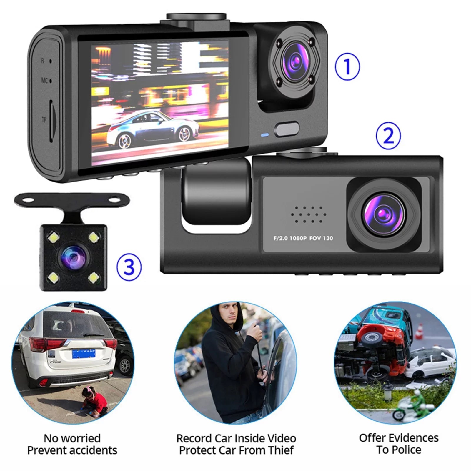Nebublu Dash Camera with 3 Cameras, Car Video Recording Camcorder, Auto Safety Driving Recorder