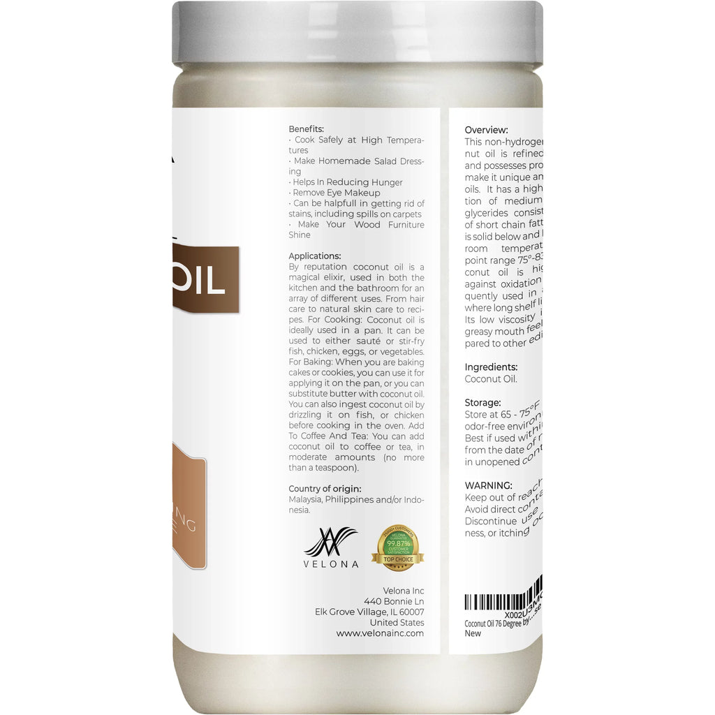 Velona Coconut Oil 76 Degree - 48 oz | 100% Pure and Natural Carrier Oil | in jar | Refined, Cold pressed | Skin, Face, Body, Hair Care