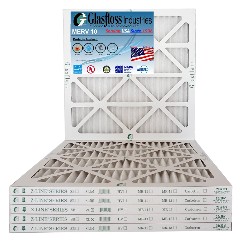 Glasfloss 20x20x1 - MERV 10 -Qty:6 - Furnace Air Filter - Made in USA (Actual Size: 19.5 x 19.5x7/8 inch)