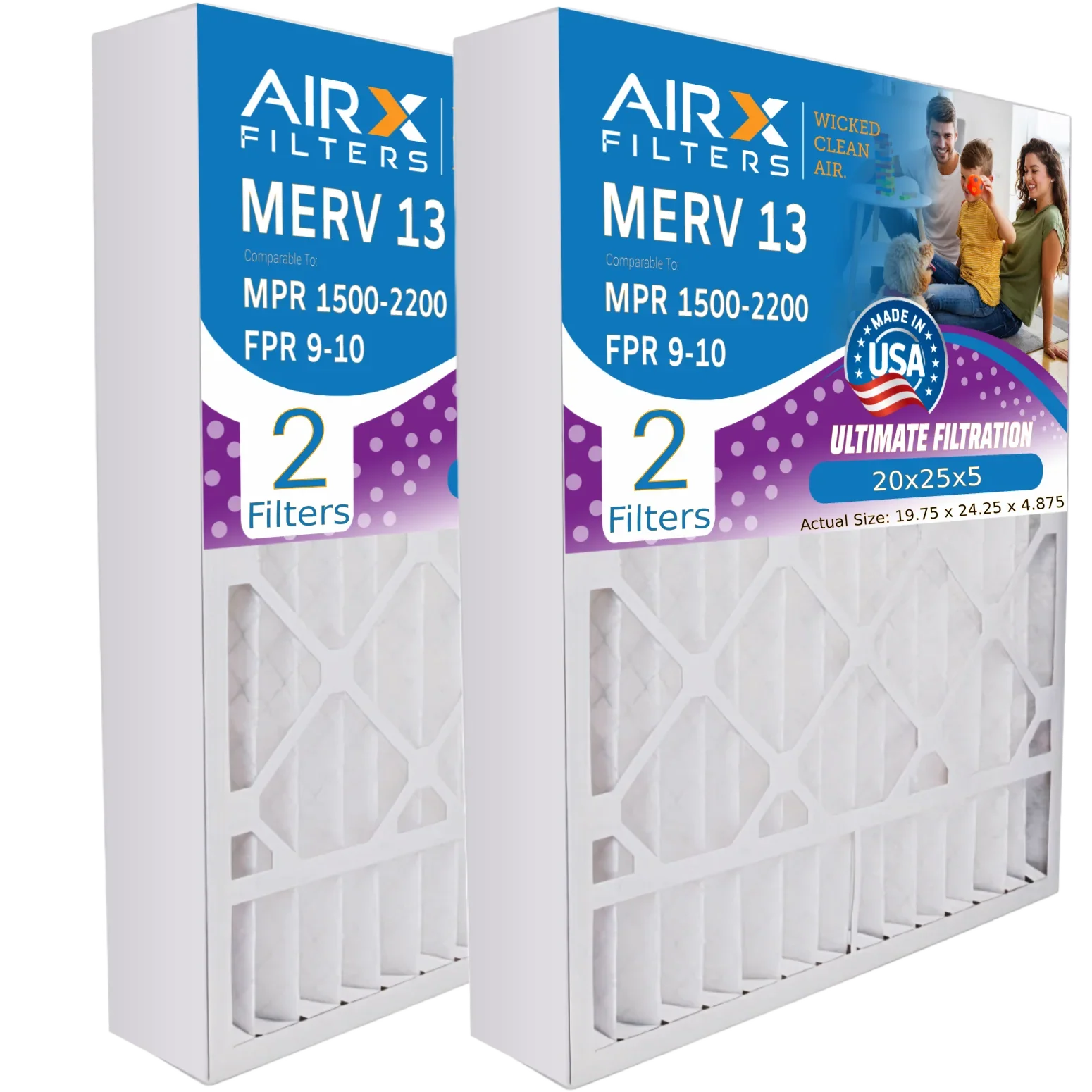 20x25x5 Air Filter MERV 13 Comparable to MPR 1500 - 2200 & FPR 9 Suitable with Air Bear 255649-102 Premium USA Made 20x25x5 Furnace Filter 2 pack by AIRX FILTERS WICKED CLEAN AIR.
