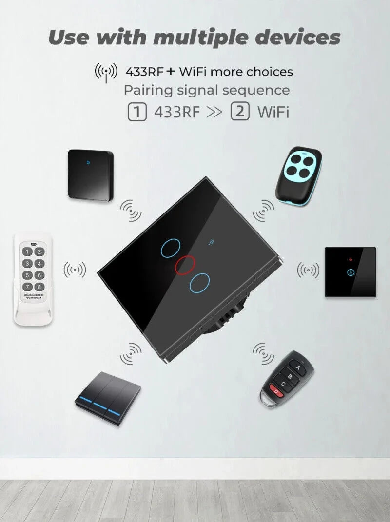 TUYA WiFi+433MHZ Smart Touch Switch Home Light Wall Glass Panel Button 3/4Gang