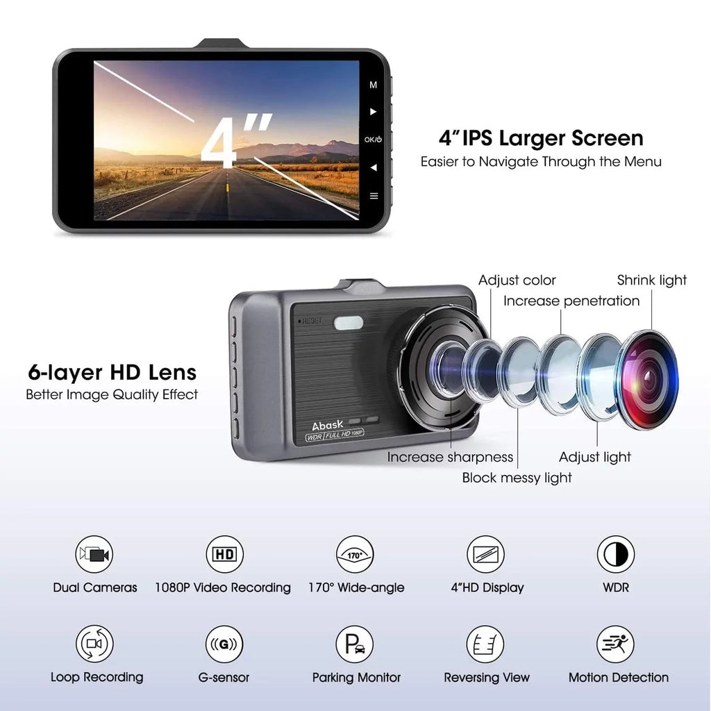 ABASK Q40S Dashcam Front and Rear 1080P FHD - 170° Wide Angle - 4 inch Screen - Reverse Parking Assistance, G-Sensor, Loop Recording, Parking Monitor, Motion Detection, WDR - With 32GB Card