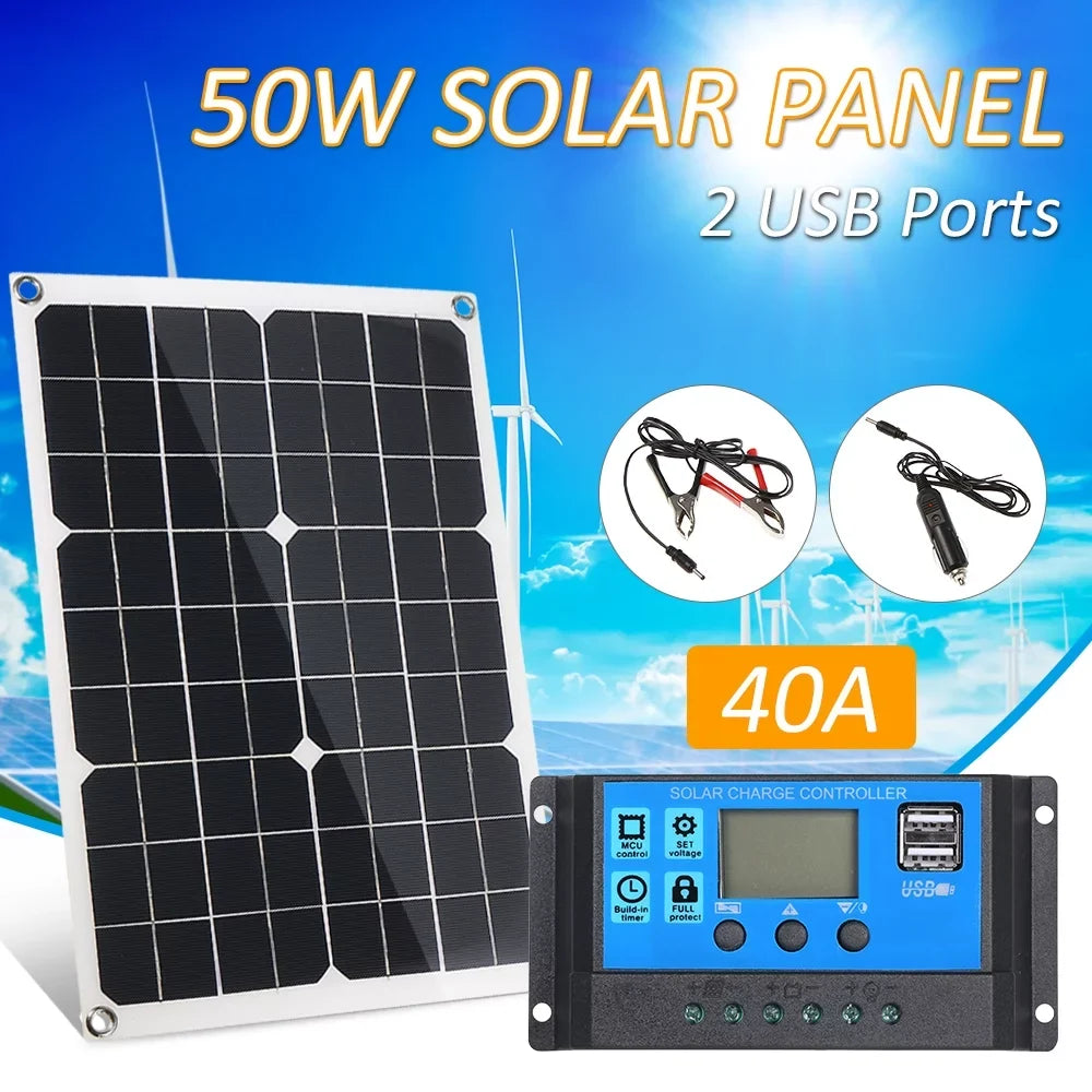 50W DC 5V/18V Dual Output Solar Panel with 2 USB Ports & Car Charge IP65 Water Resistance /24V Solar Charge Controller PWM ligent Regulator