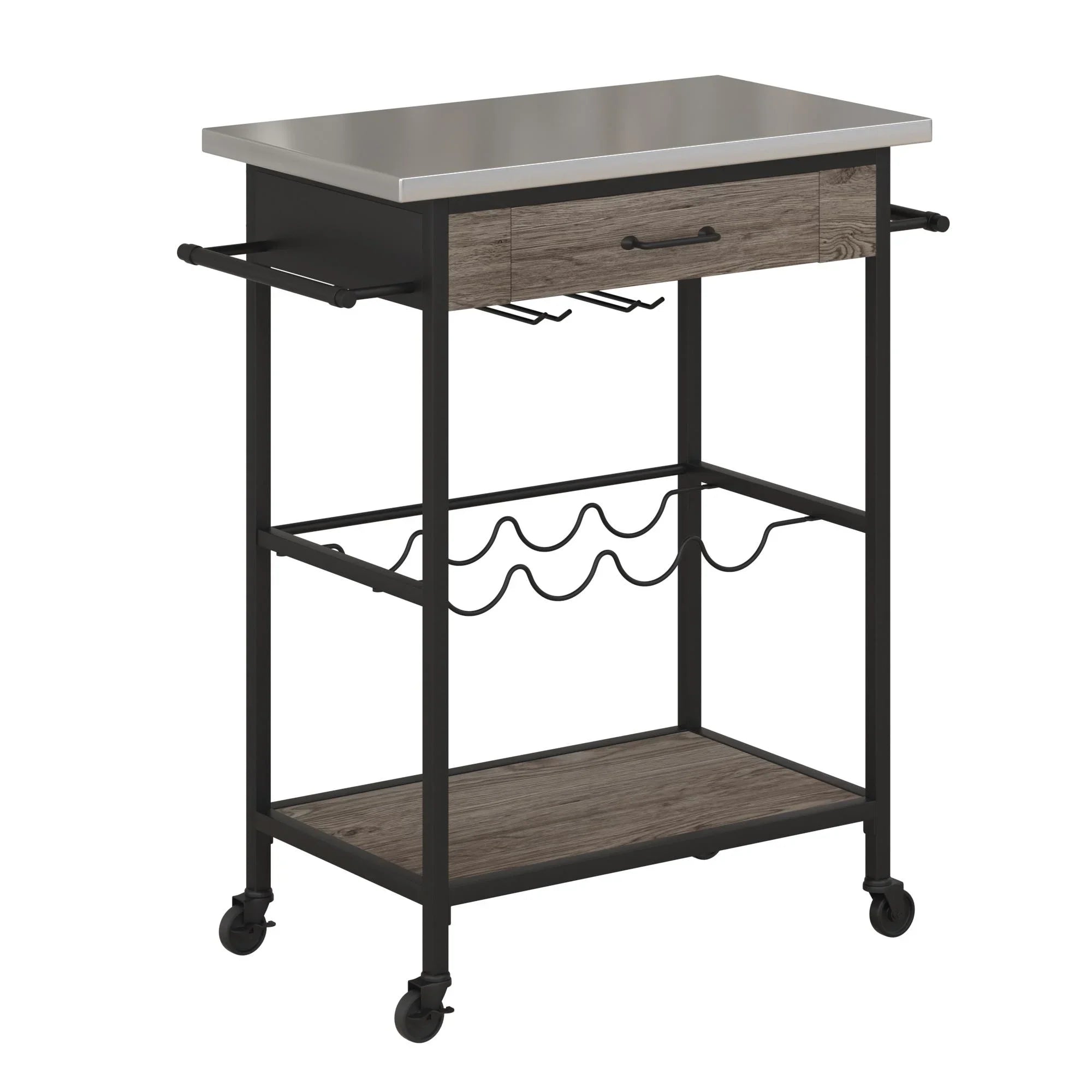 Novogratz Nora Multifunctional Kitchen Cart, Wine Rack and Pantry Storage, Stainless Steel and Black Metal, Brown
