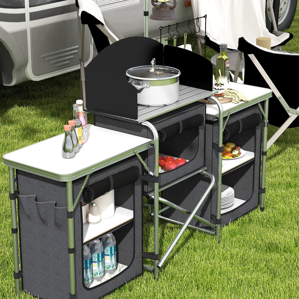 Outsunny Folding Camping Kitchen with Windshield Fabric Cupboards Black
