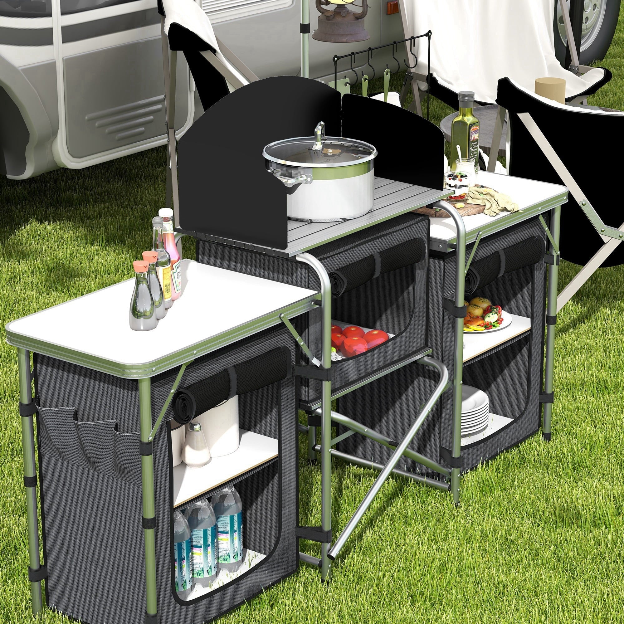 Outsunny Folding Camping Kitchen with Windshield Fabric Cupboards Black