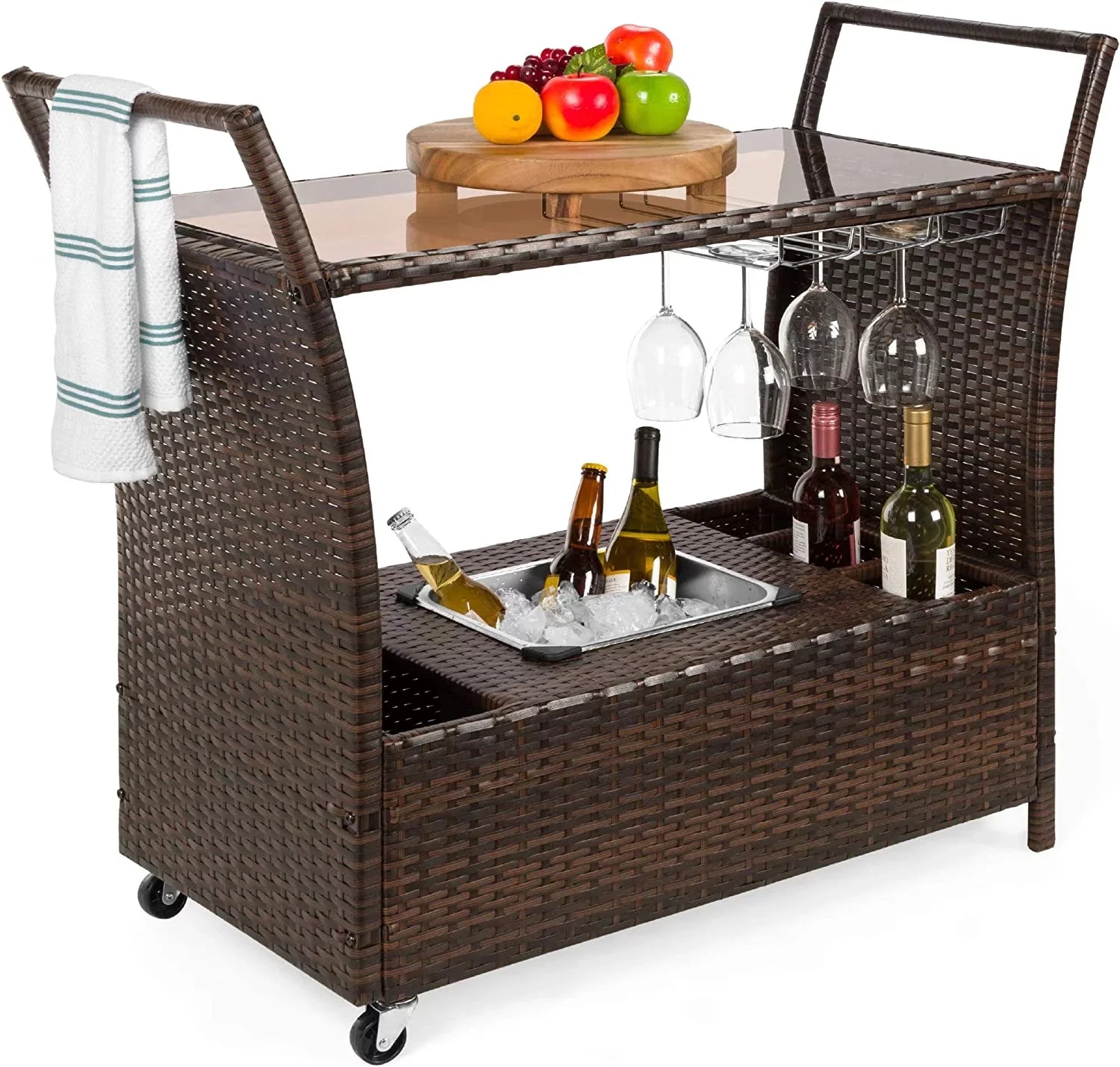 Outdoor Rolling Wicker Bar Cart w/Removable Ice Bucket, Glass Countertop, Wine Glass Holders, Storage Compartments - Brown