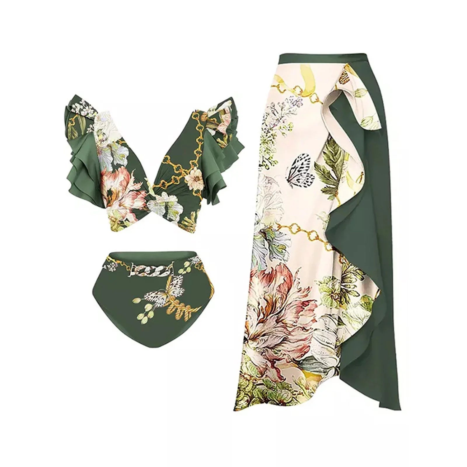 split swimsuit for women and retro printing strapping swimwear beach skirt