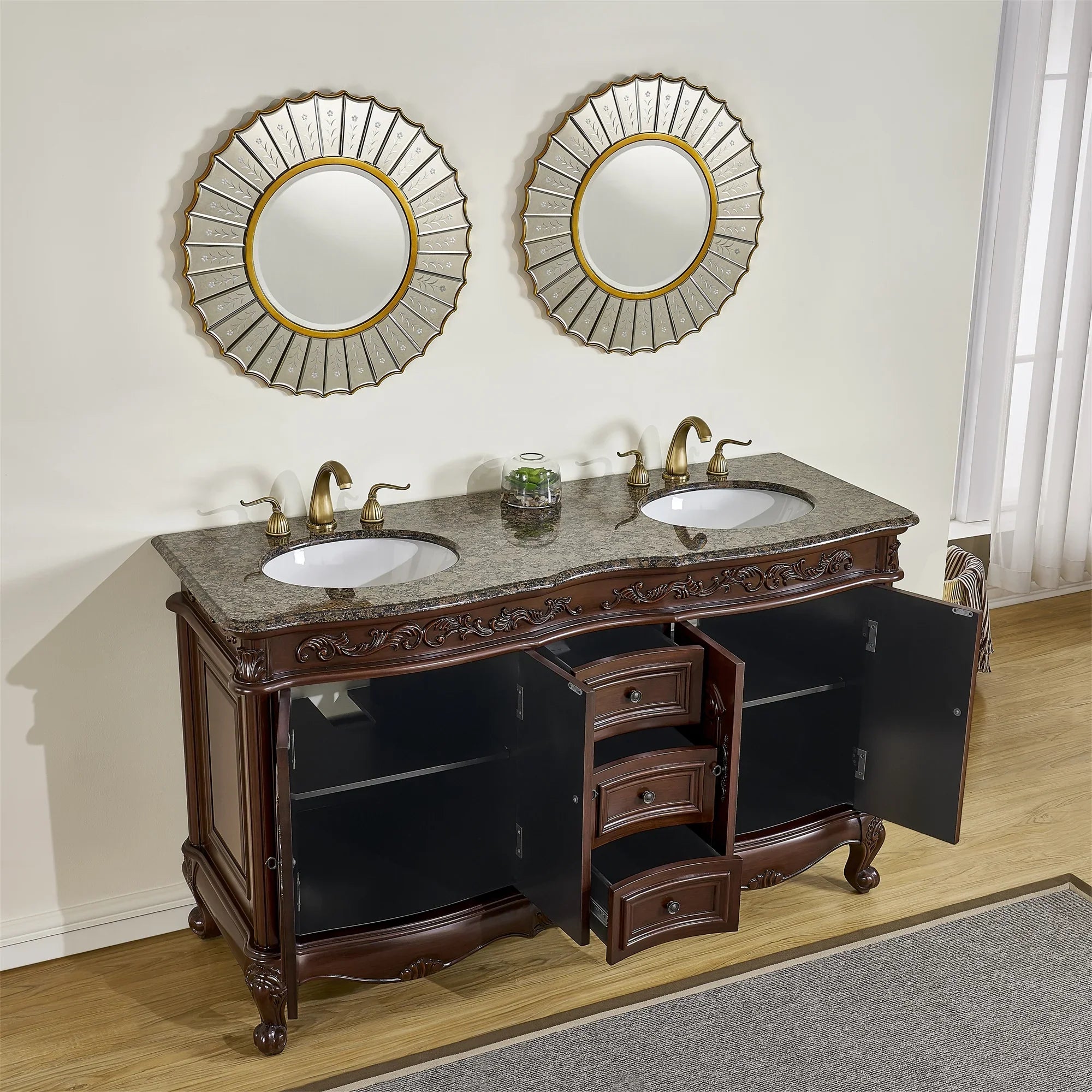 Stufurhome 60 inch Saturn Double Sink Vanity with Baltic Brown Granite Top