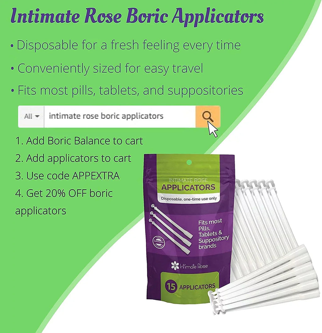 Intimate Rose Boric Acid Suppositories, pH Balance for Women, Boric Acid Vaginal Suppositories for Yeast Infection, Vaginitis, Bacterial Vaginosis, 90-Count (600mg) + 21 Applicators - 100% made in USA