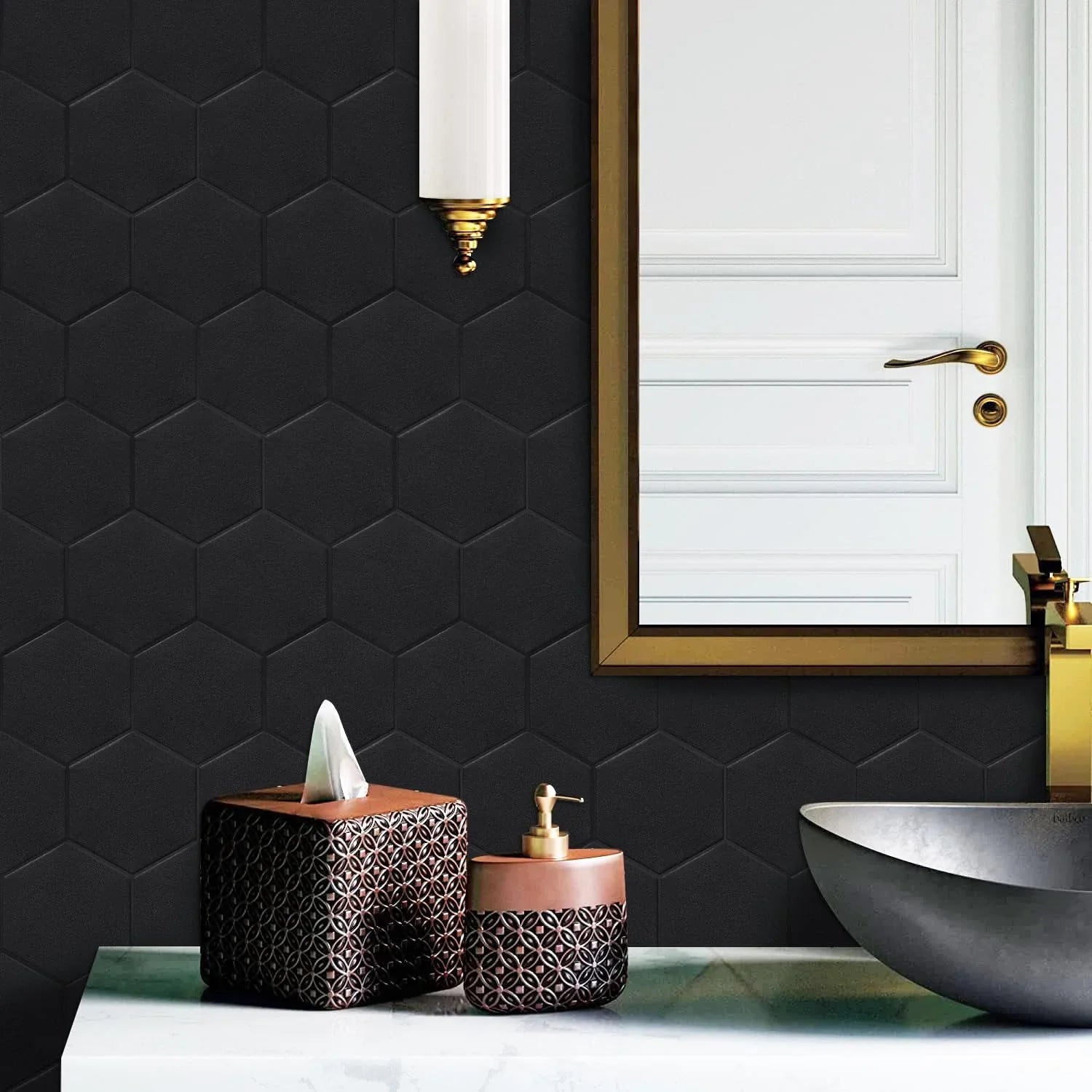 Real 3D Matte Black Self Adhesive PET Tiles Big Hexagon Peel and Stick Backsplash for Kitchen Bathroom(11.57''x10.35'',10-Sheet)