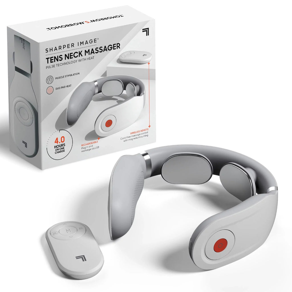 Sharper Image® Neck Tens Muscle Stimulator with Soothing Heat & Wireless Remote, Pain Relief Therapy With 3 Massage Modes & 15 Intensity Levels, USB Rechargeable, 4 Hour Battery Life