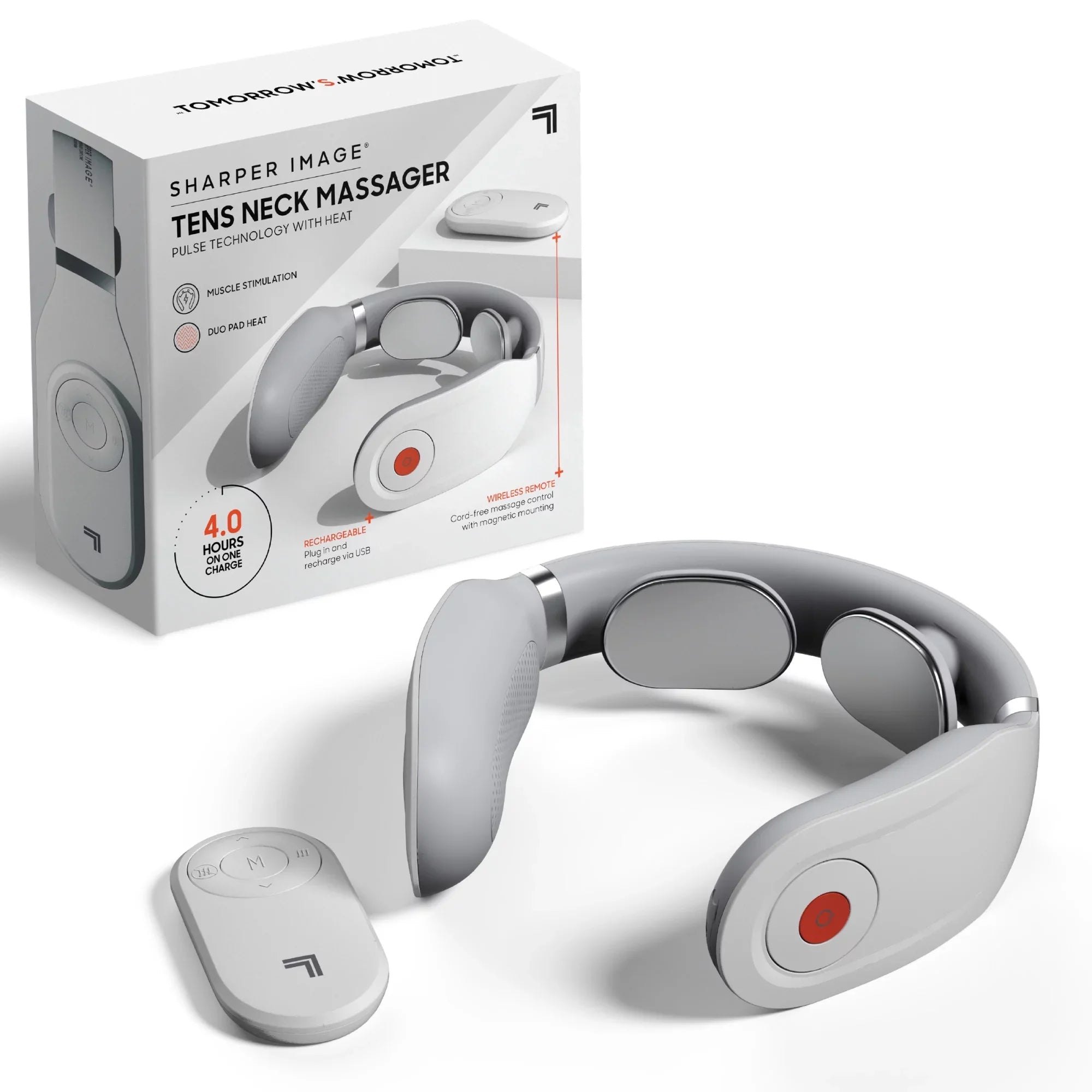 Sharper Image® Neck Tens Muscle Stimulator with Soothing Heat & Wireless Remote, Pain Relief Therapy With 3 Massage Modes & 15 Intensity Levels, USB Rechargeable, 4 Hour Battery Life