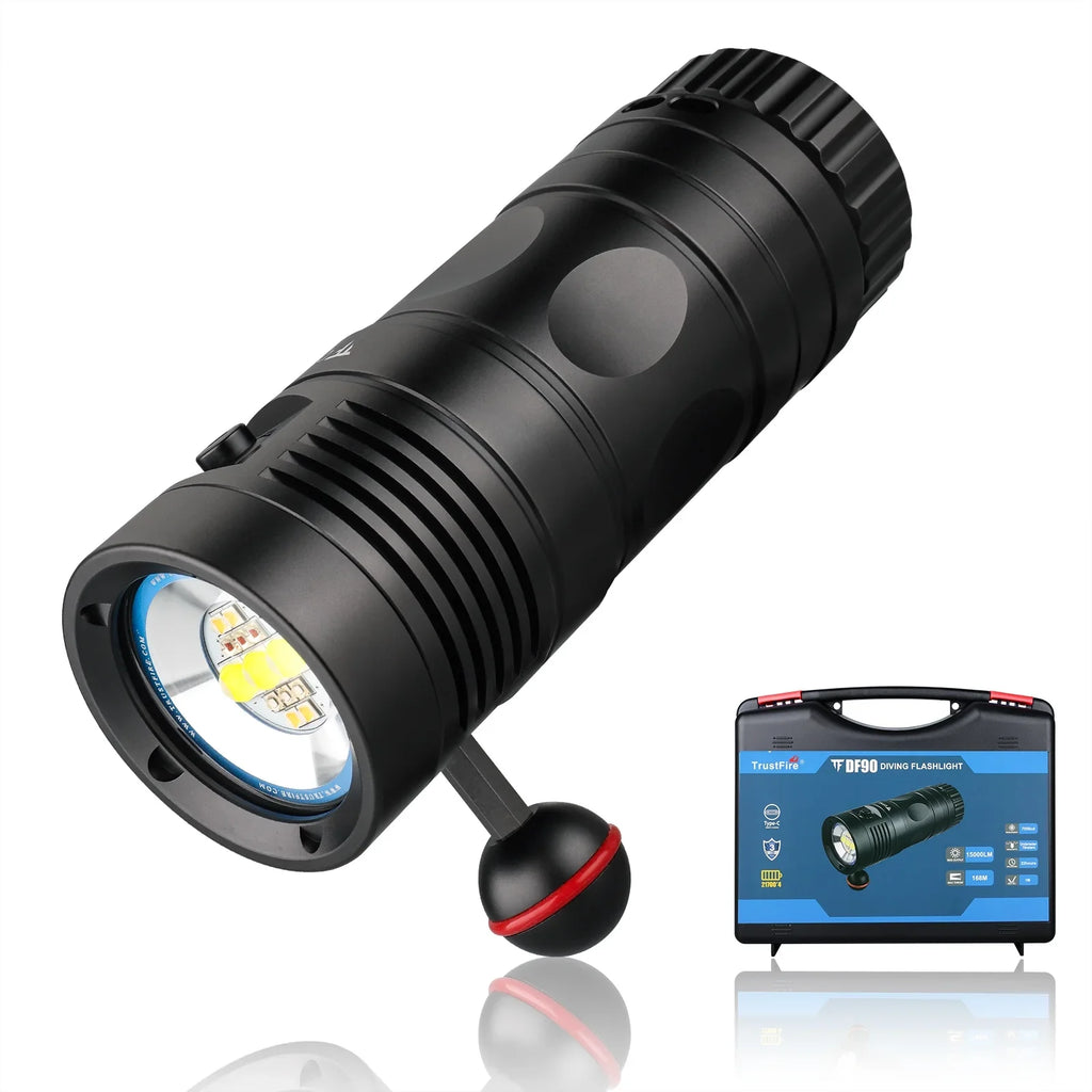 TrustFire DF90 Scuba Diving Light, 15000 Lumens Video Camera Photography Dive LED Flashlight, 70M Underwater Scuba Diving Flashlight, Super Bright, with Violet Red White Lights