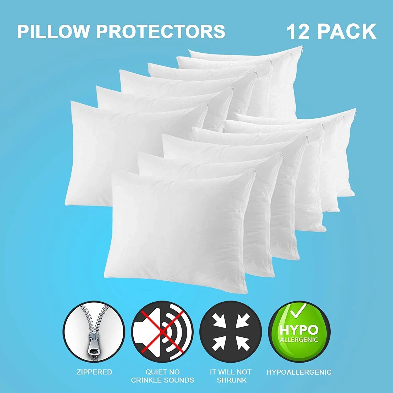 Poly-Cotton Zippered Pillow Wrap - Standard Size Pillow Protector - Protects from Dirt, Dust, and Debris - 12 Pack