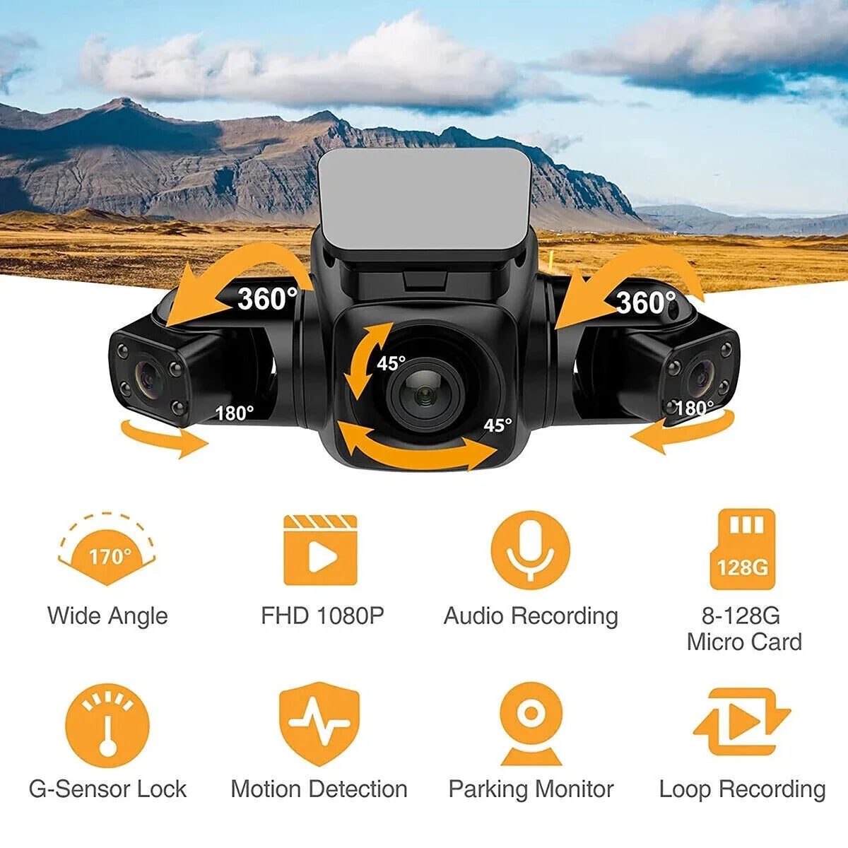 3 Channel Dash Cam Front, Left, Right and Rear, Front and Rear Inside, 360°Panoramic Driving Recorder HD Car Cameras Night Vision