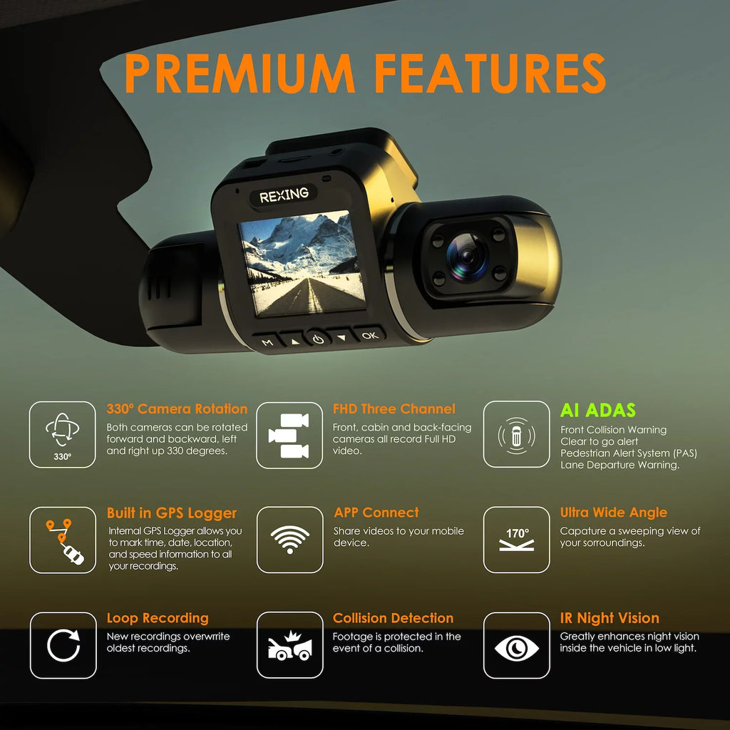 Rexing V2 Pro AI Dash Cam, 3-Channel Front/Cabin/Rear 1080p Recording with Wi-Fi and GPS