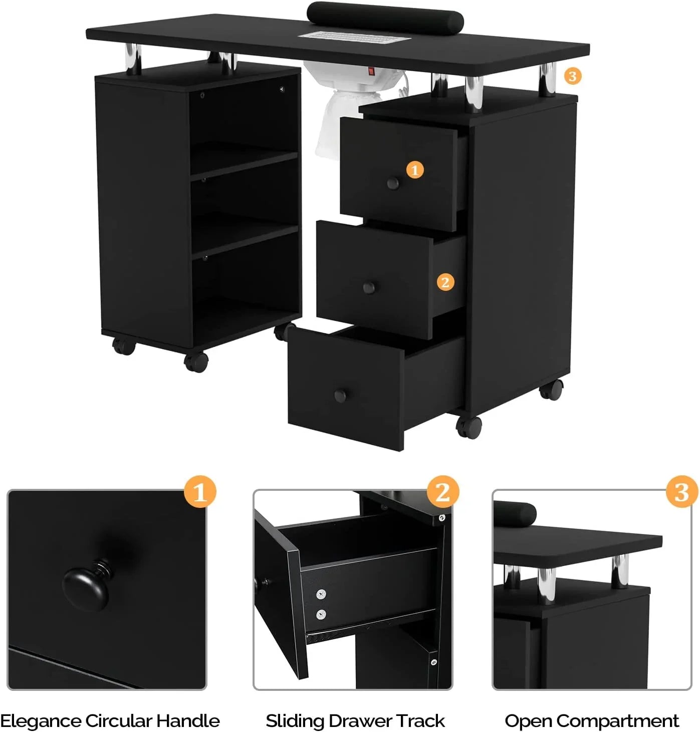 OmySalon Nail Desk Manicure Table for Nail Tech w/Electric Dust Collector, Portable Nail Table Station Beauty Salon Supplies Acetone Impervious w/Lockable Wheels,Wrist Cushion,3-Tier Shelves&Drawers
