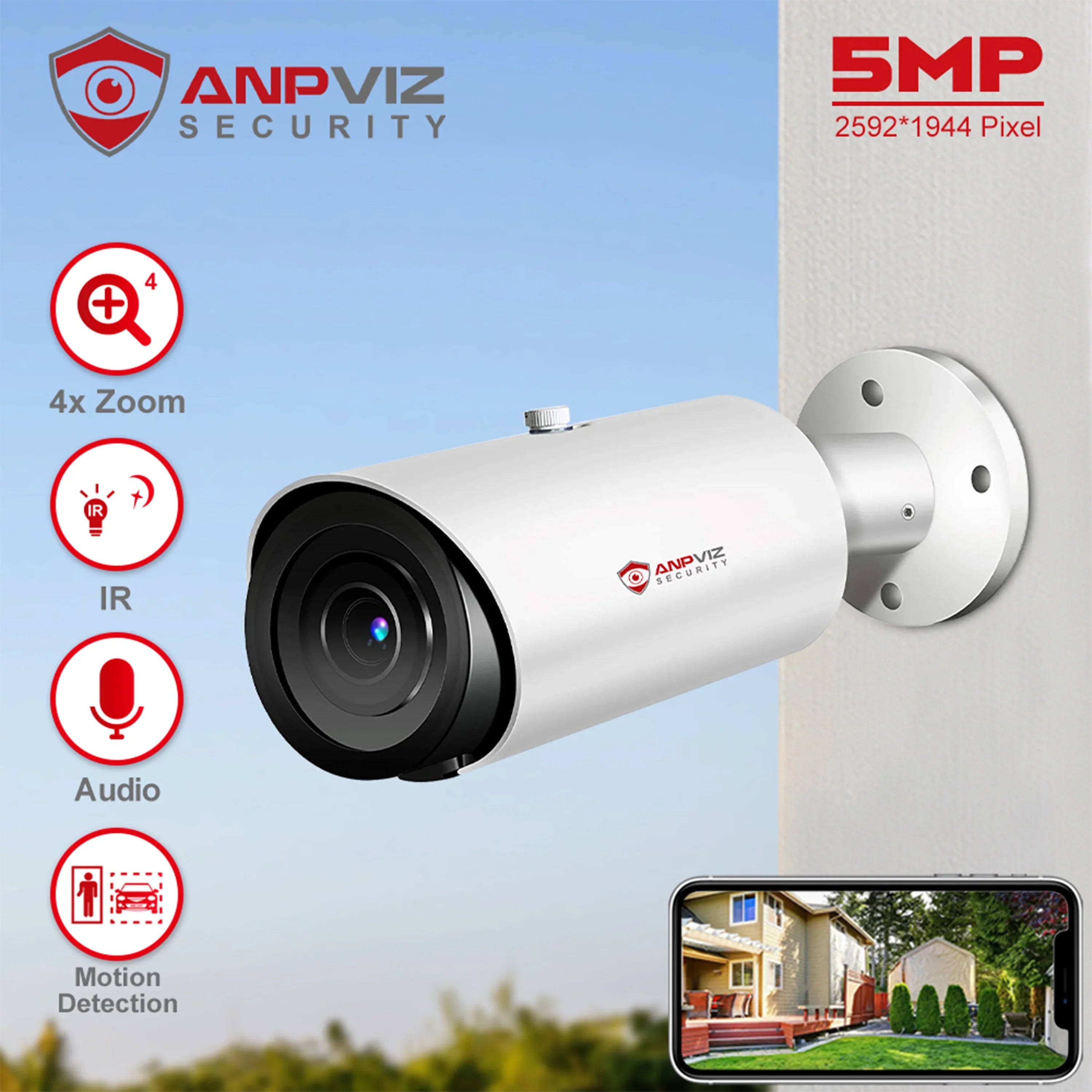 ANPVIZ 5MP Bullet Camera 4X Zoom Camera Support Human Vehicle Detection 30M IR Distance Built in Mic H.265 IP66
