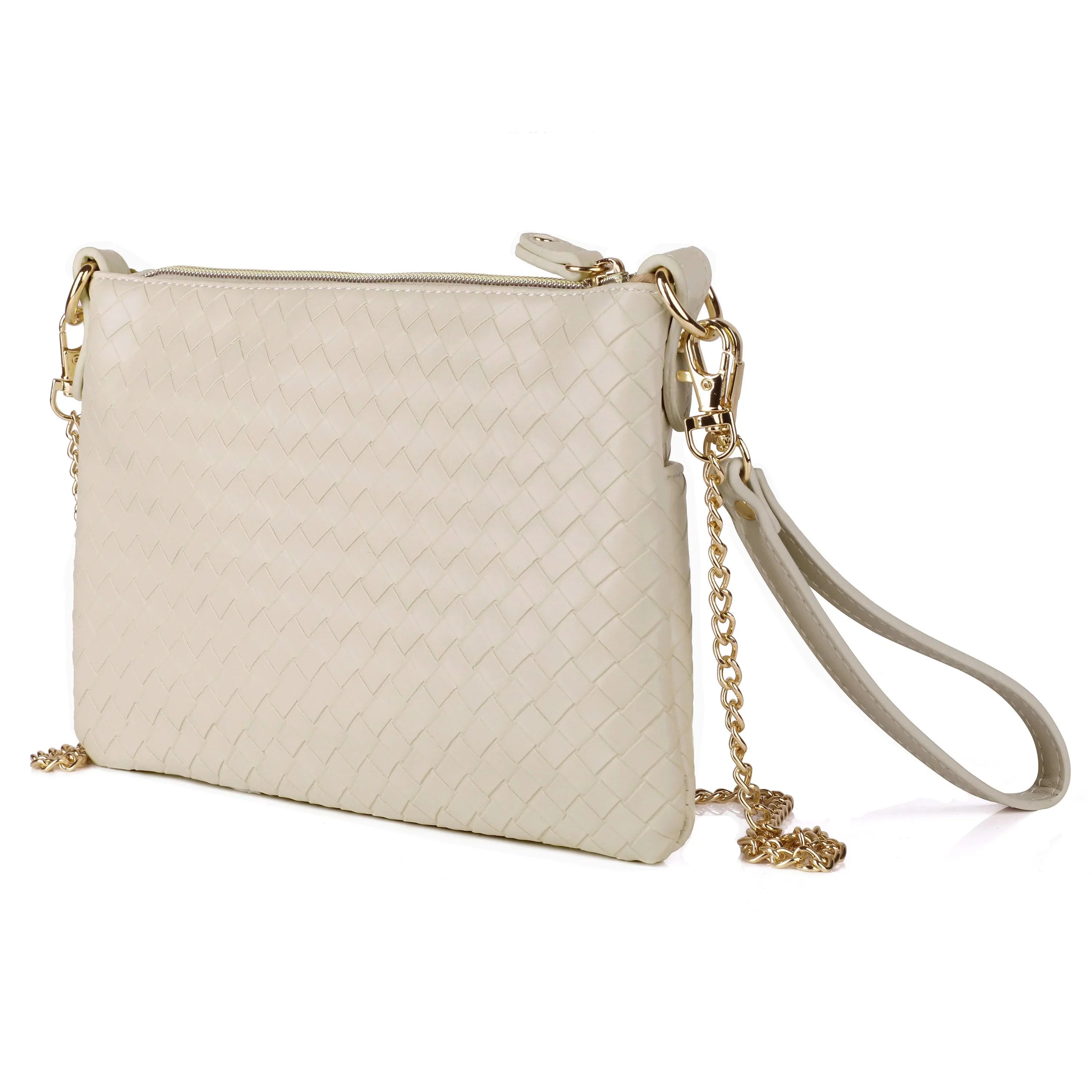 Julia Buxton Women's Basketweave Everywhere Convt Pouch Vegan Leather, White Pepper