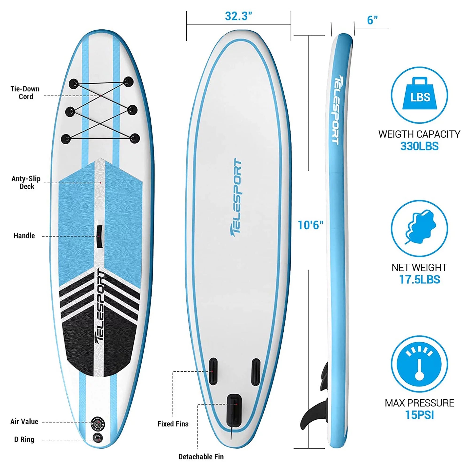 TELESPORT Paddle Boards Blowup SUP Paddleboard w/ Accessories, White & Blue