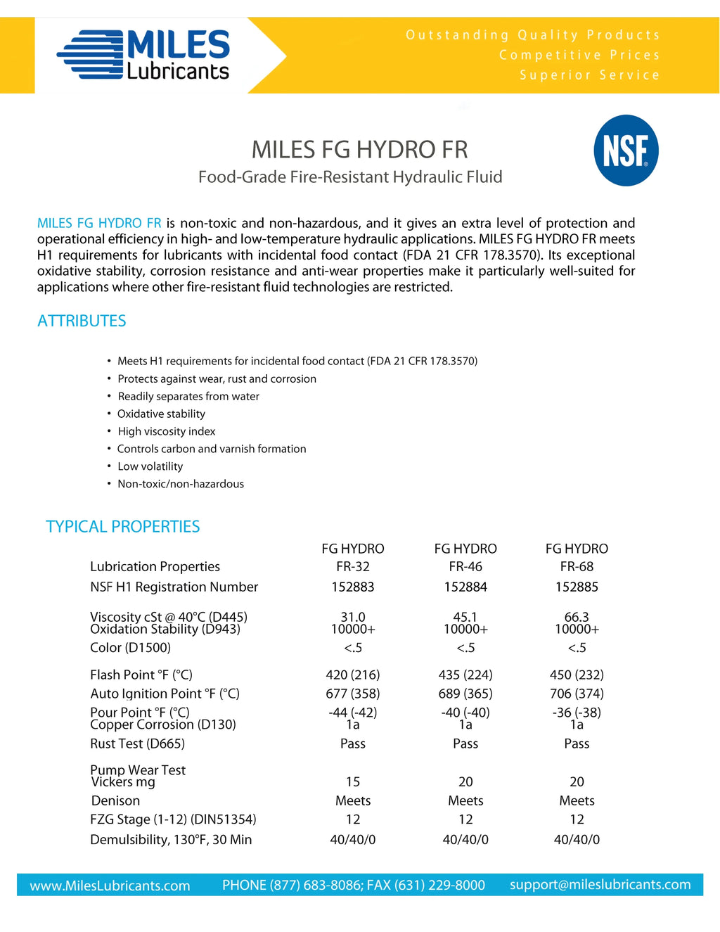Miles Fg Hydro Fr ISO 46 Food Grade Fire Strong Pao Based Hydraulic Fluid Nsf H1 Registered 41 Gallon Case