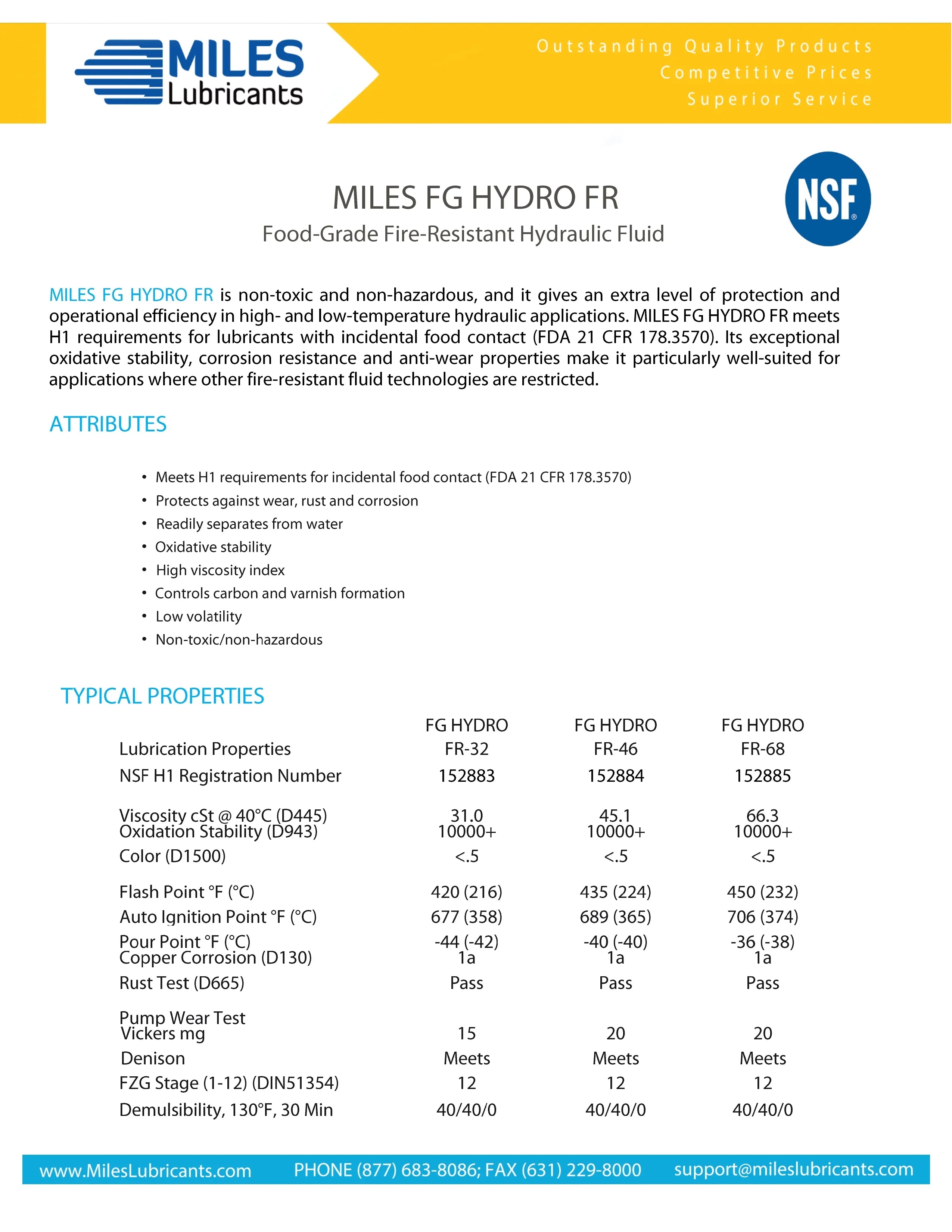 Miles Fg Hydro Fr ISO 46 Food Grade Fire Strong Pao Based Hydraulic Fluid Nsf H1 Registered 41 Gallon Case