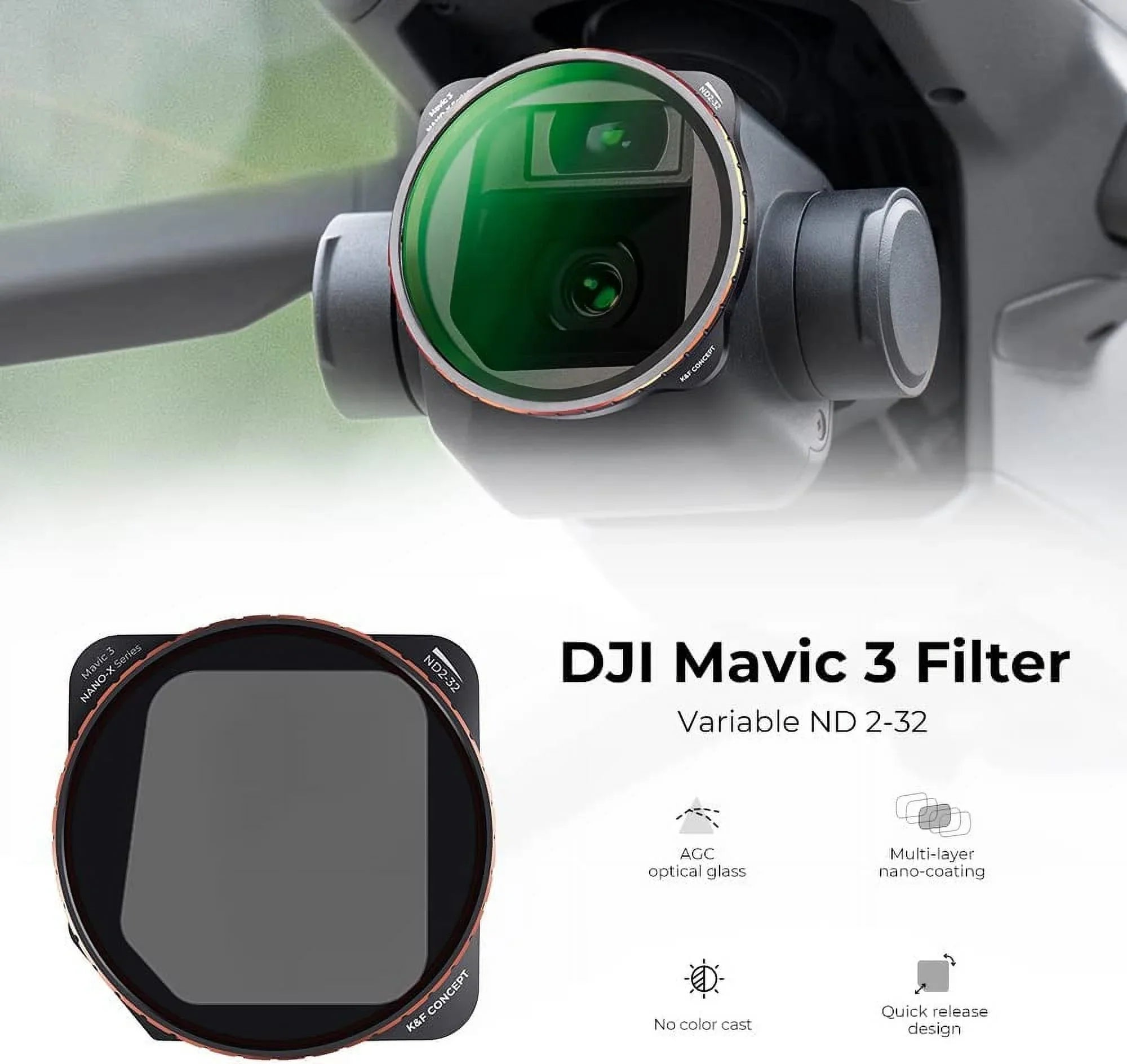 Variable ND2-ND32 (1-5 Stops) ND Filter for DJI Mavic 3 / Mavic 3 Cine, Neutral Density Filter with 28